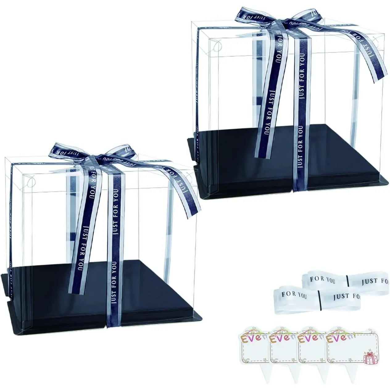Clear Cake Box, 2 count Transparent Cake Carrier Box with , 4''  Packaging Boxes with Ribbon  Card for Pastries, Clear  Boxes for Birthday, Wedding and Festival Party, Black.