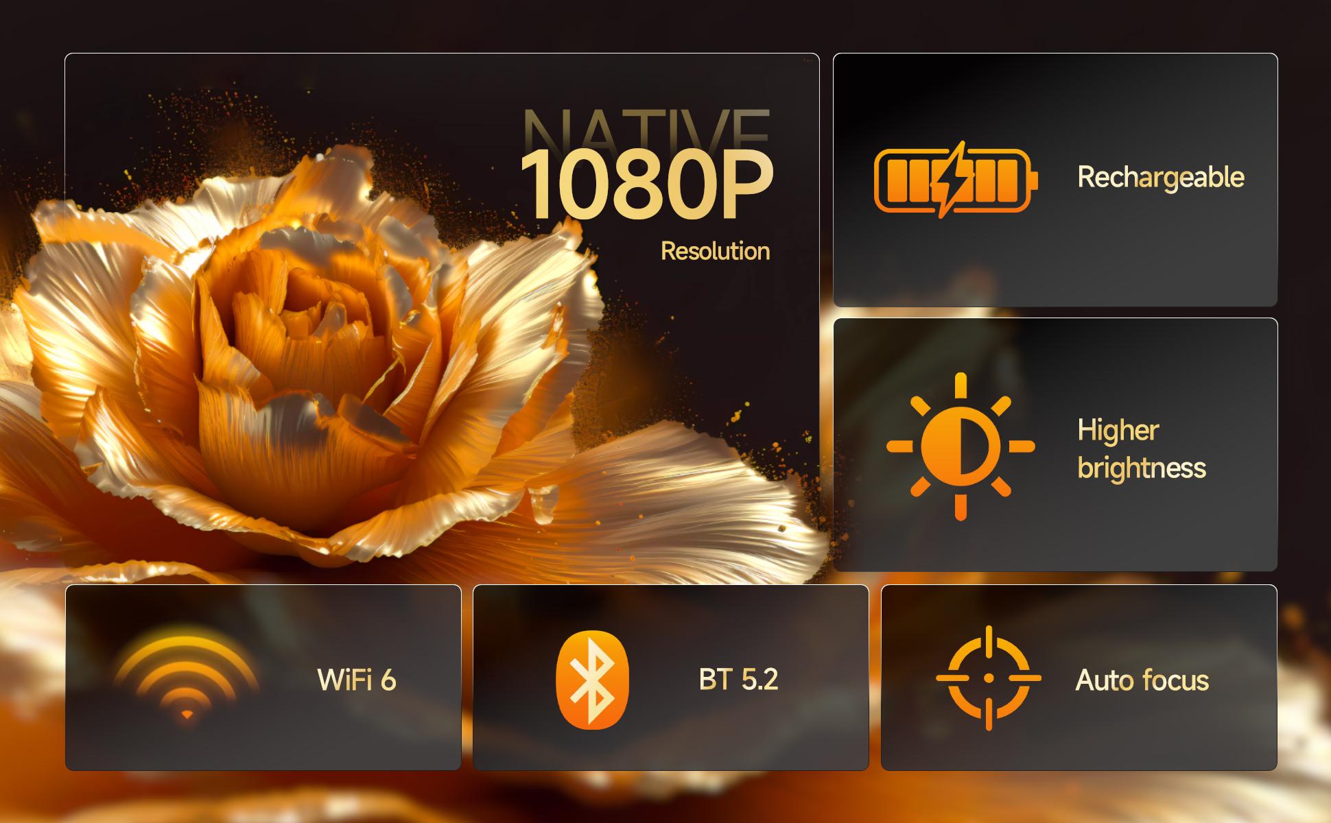 With batteries Rechargeable Mini Android Outdoor projector, 800ANSI native 1080P resolution, auto focus and auto trapezoidal correction, 200-inch screen WiFi6 bt5.2 multi-functional UHD outdoor entertainment projector.