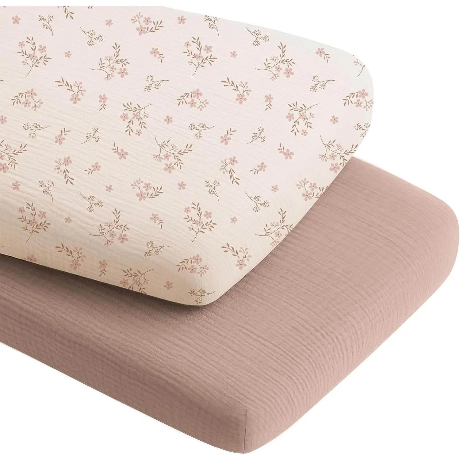 Muslin Bassinet Sheets for Baby Boys and Girls, 2 Pack, 33"x21"| 100% Cotton, Bassinet Mattress Sheets, for,, Rectangle Bedside (Soft Blooms,Taupe)