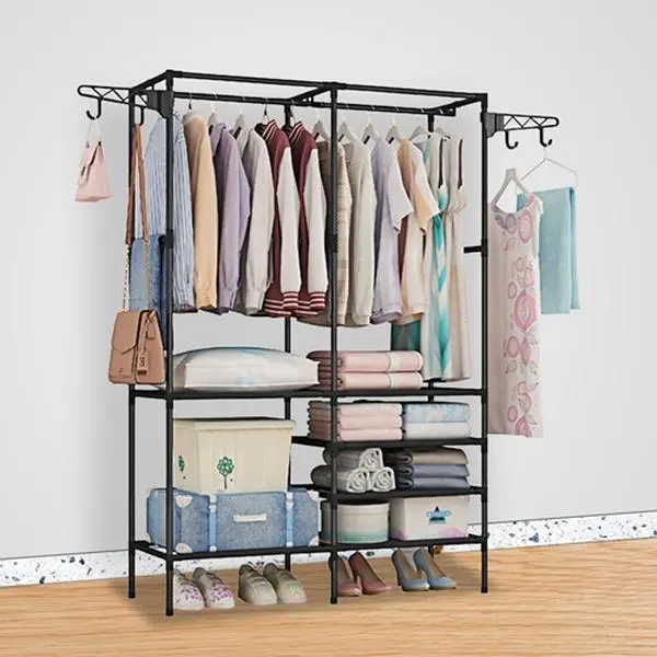 Multifunctional Open Clothes Wardrobe, Freestanding Garment Storage Rack with Shoe Shelves for Bedroom Storage-3174