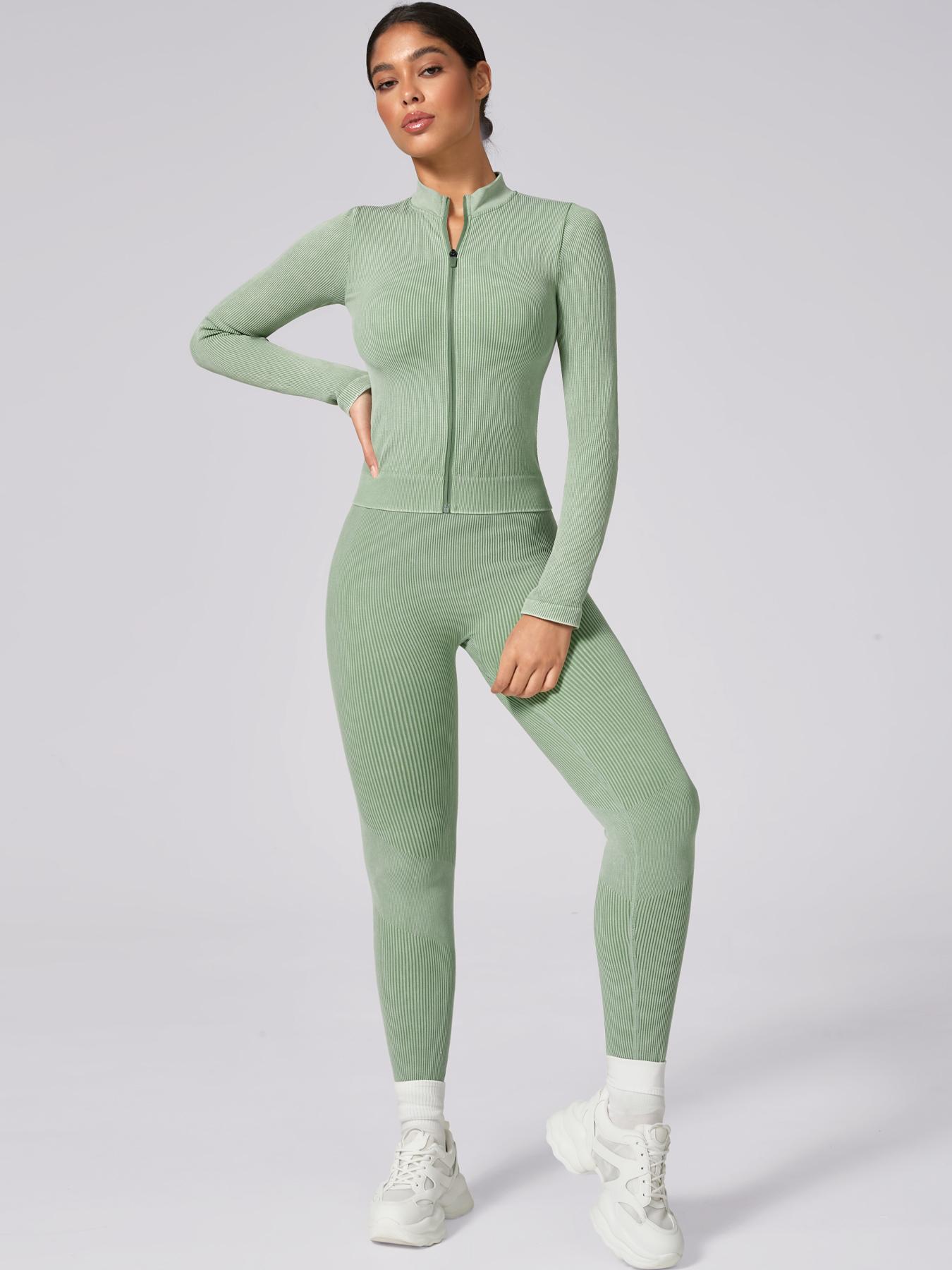 Women's Plain Tracksuit Set, Sports Zip Up Crop Jacket & High Waist Leggings, Ladies Spring & Fall Clothes, Gym Wear, Yoga Suit Outdoor