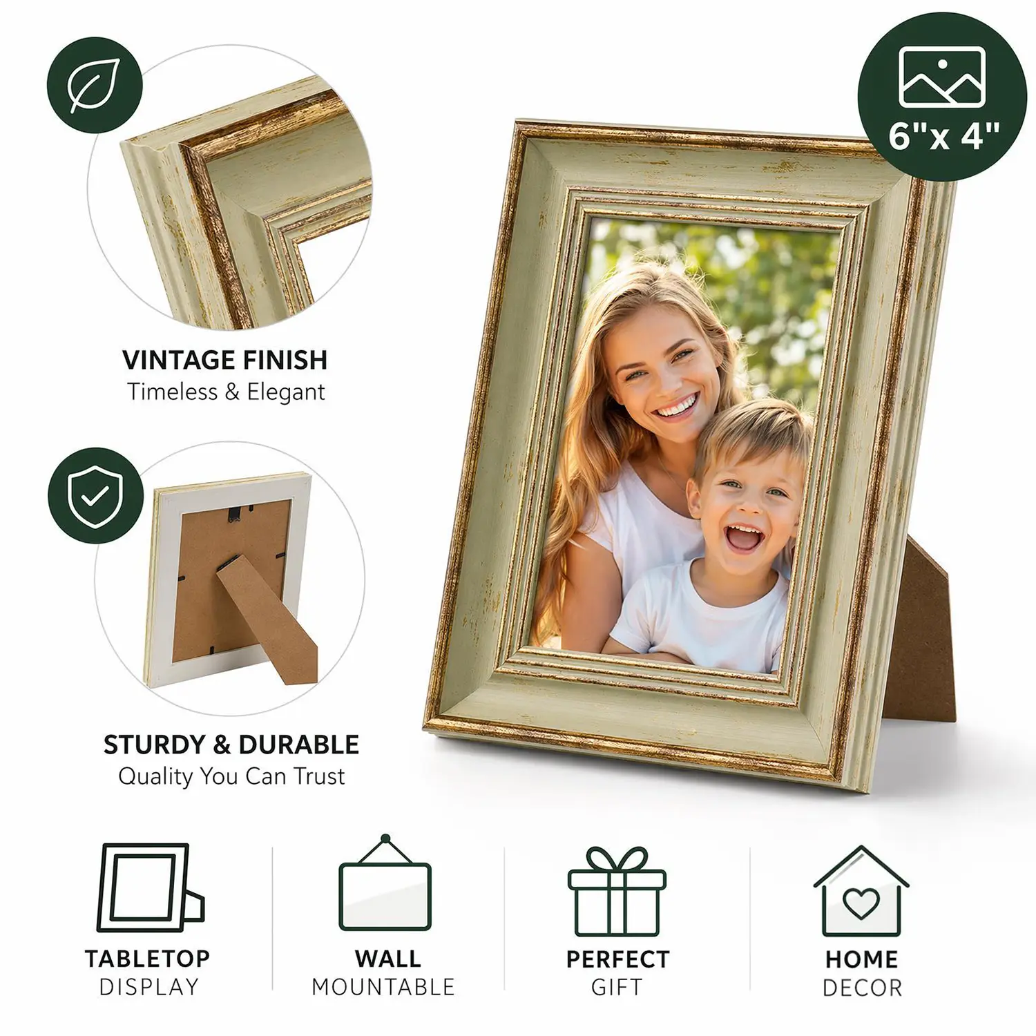 6 Inch Vintage Picture Frame, Distressed Rustic Photo Frame for Tabletop Display and Wall Mounting, Retro Farmhouse Decor Frame for Home Wedding Office
