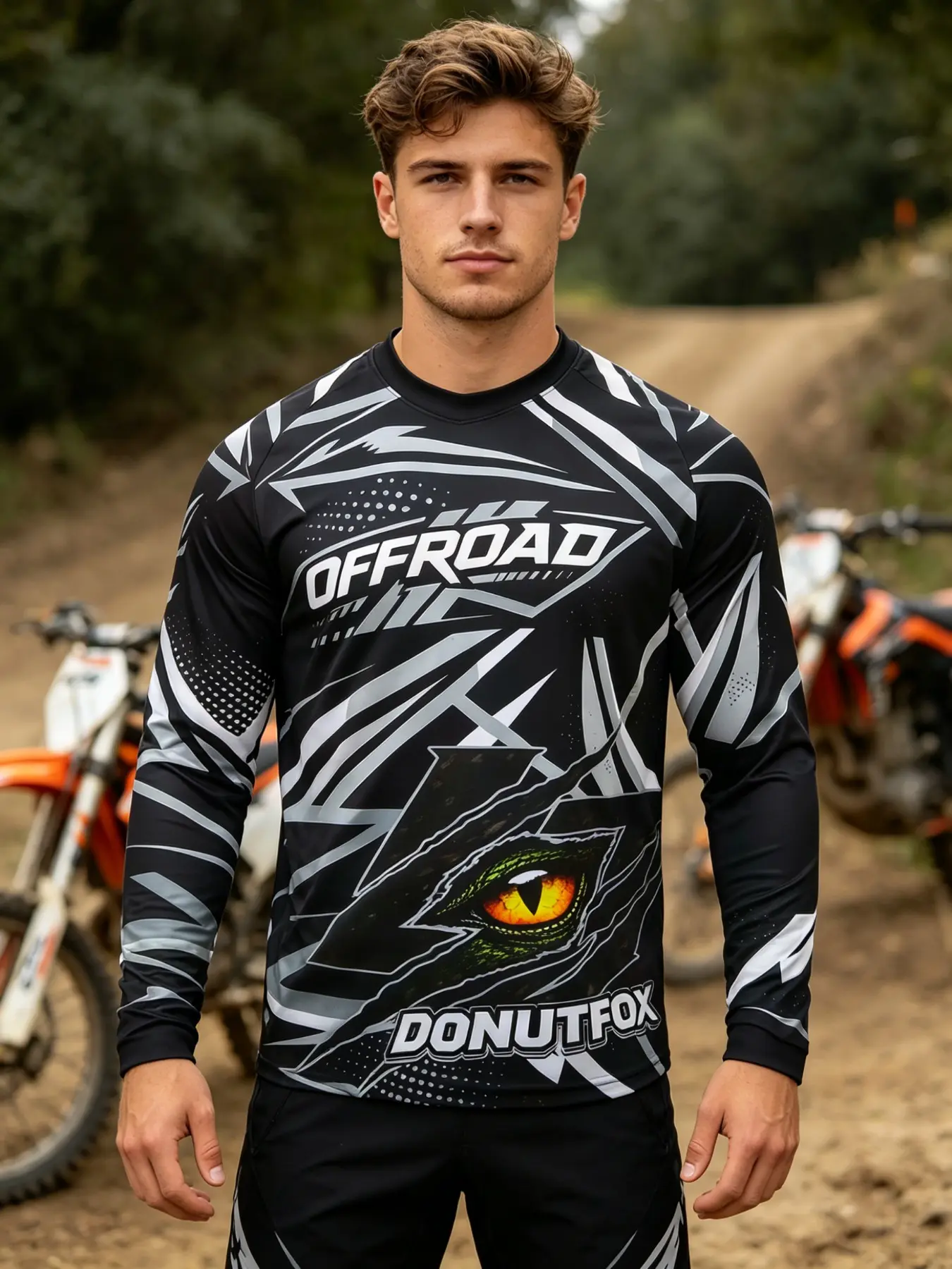 Donutfox Wild Beast Predator Tiger Neon Eye Motocross Motorcycle Jersey, Quick Dry Breathable Lightweight Scratch Resistant Full Print Long Sleeve Riding Shirt For Dirt Bike Enduro ATV UTV BMX Motorbike Trail Riding，Mens Motocross Jersey Womens MX Shirt