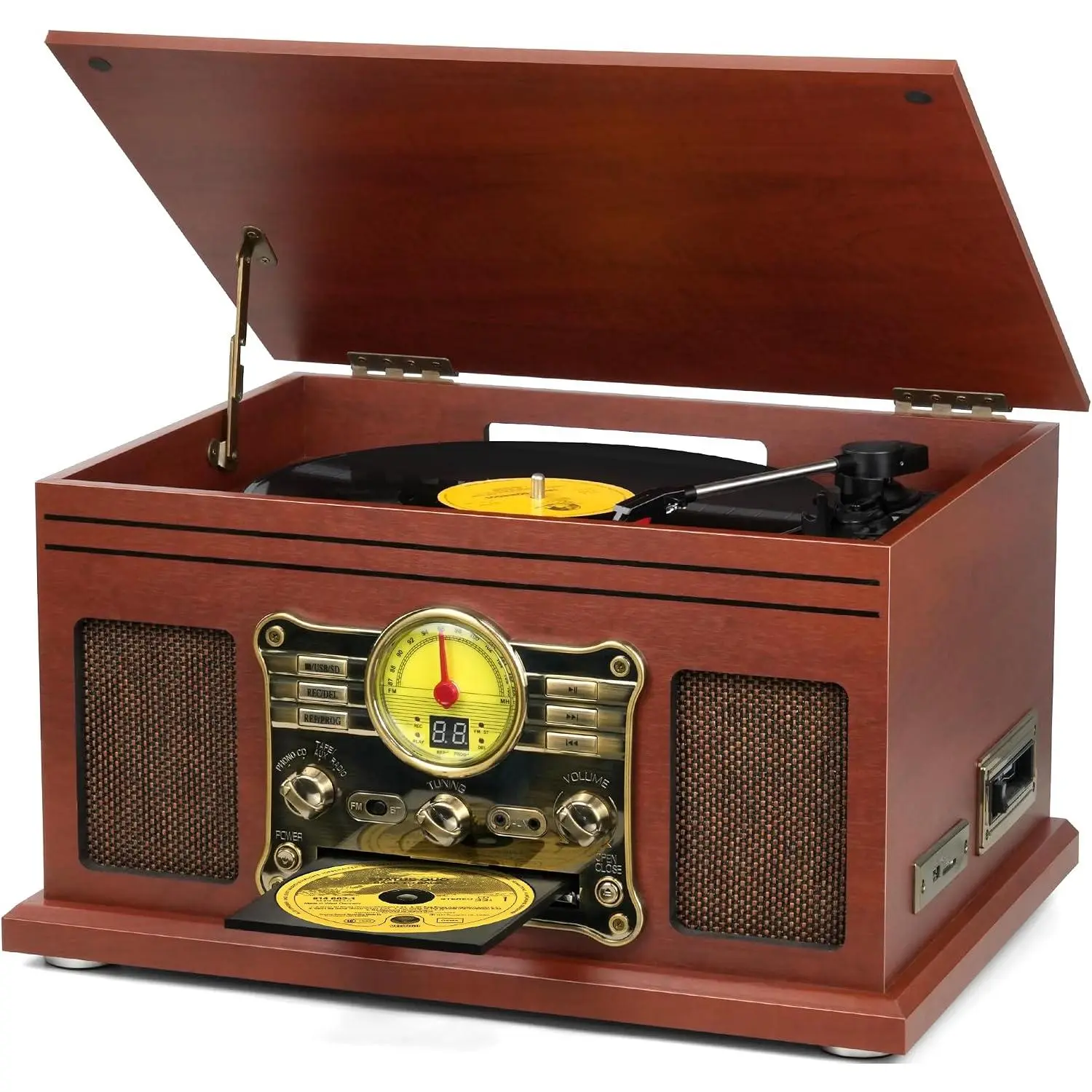 Record Player 10 in 1, 3-Speed Turntable for Vinyl with Speakers, LP to MP3 Converter, CD, Cassette Player, FM Radio,  Streaming | Mahogany