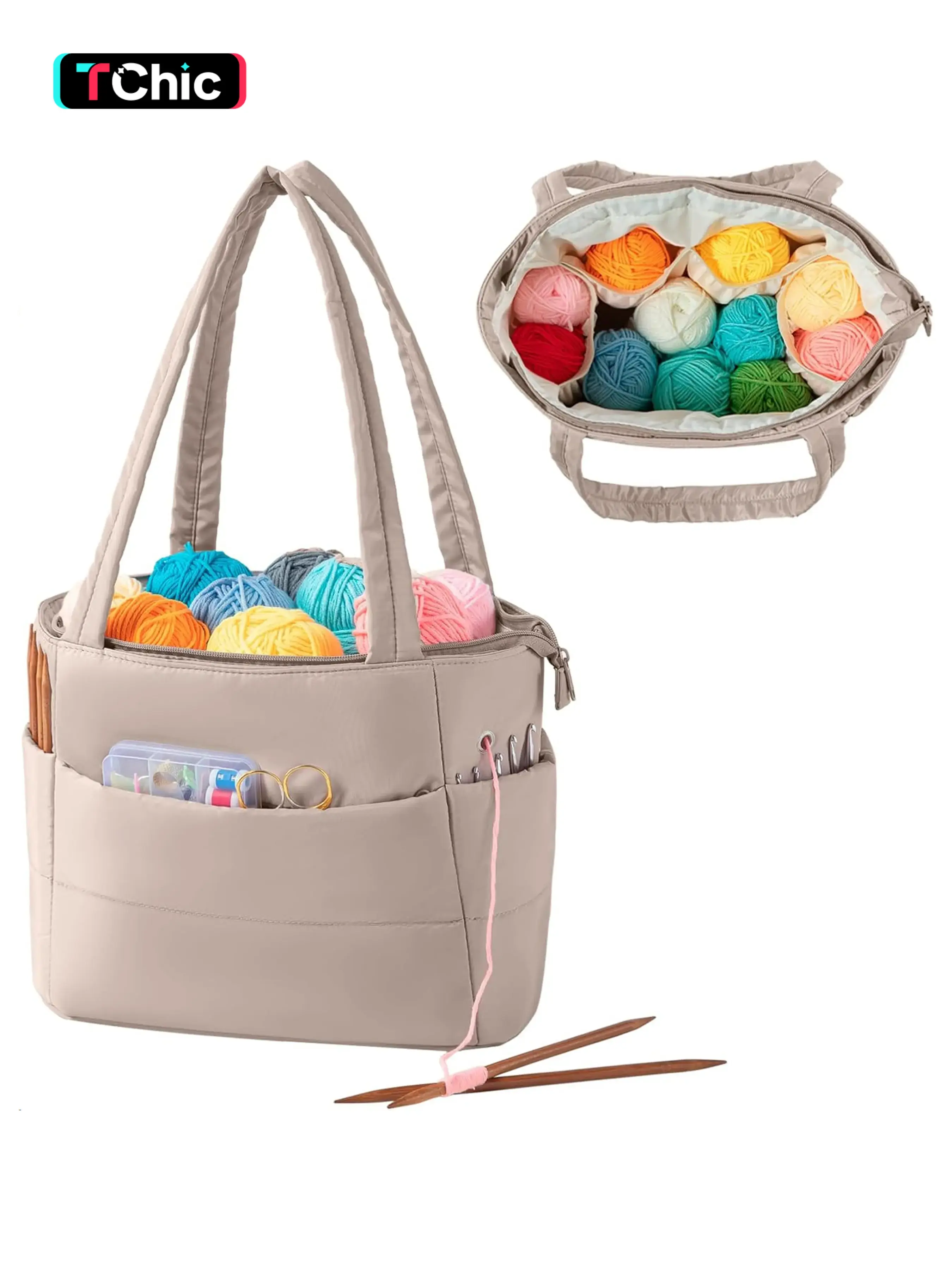 Crochet Bag for Yarn Storage, Puffer Knitting Bag with Soft Handles, Lightweight Convenient Yarn Storage Organizer with Zipper for Crochet Accessories, Gifts for Crocheters