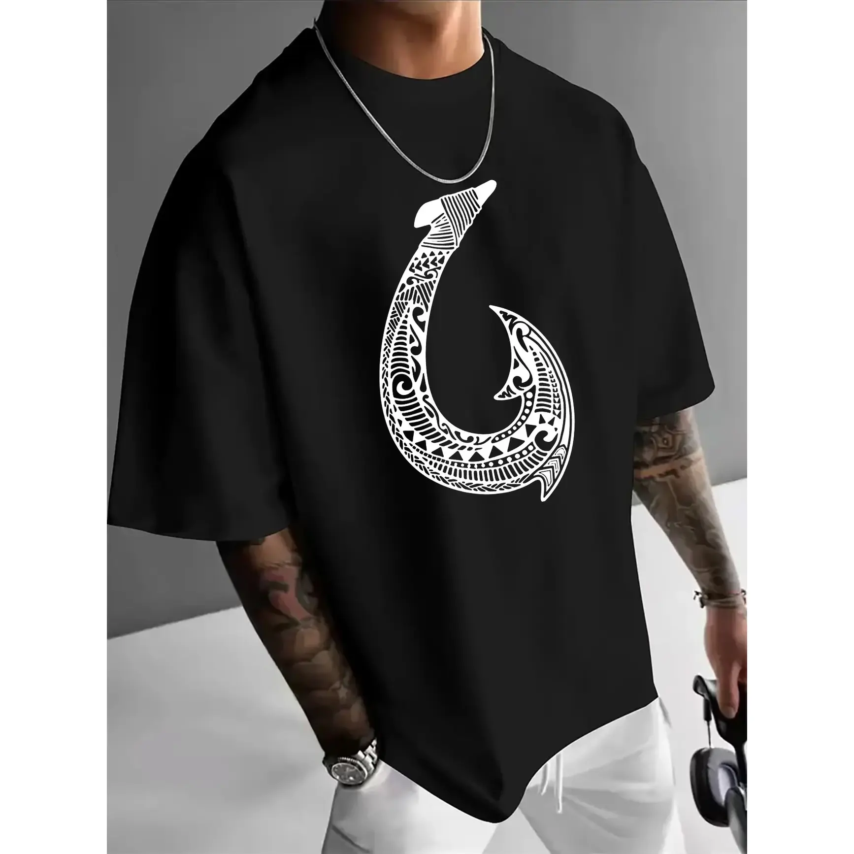 Polynesian Fish Hook Graphic Cotton T-Shirt, Fashion Oversized Comfort Outfit, Tribal Tattoo Printed Tee, SummerVibes,Perfect Valentine Gift For Him, Ideal Holiday Present For Family & Friends