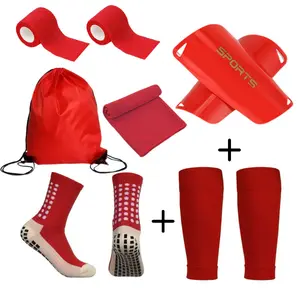 Football Sports Set 6-Piece Kit, Dot Adhesive Mid-Calf Socks, Shin Guards, Towel, Bandage, Ideal for Soccer, Basketball, Climbing, Hiking