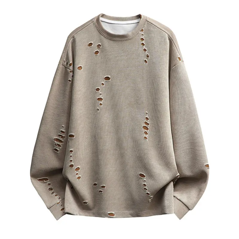 Men Vintage Washed Crew Neck Sweatshirt, Cutout Ripped Distressed Detail, Loose Drop Shoulder Long Sleeve Pullover, American Streetwear Top For Daily And Street Outfits # FallVibes