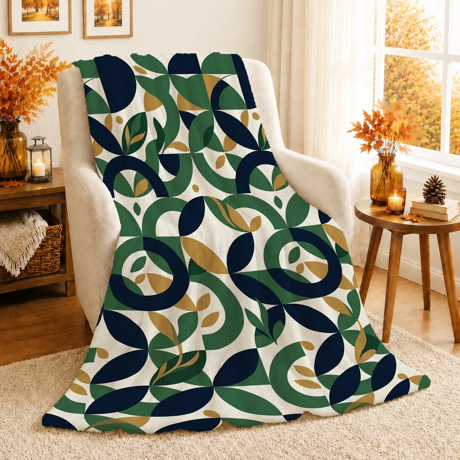 1pc Geometric Leaf Pattern Blanket, Modern Minimalist Design, All-Over Graphic with Earthy Tones and Elegant Shapes, for Sofa Living Room Home Decor and Cozy Relaxation