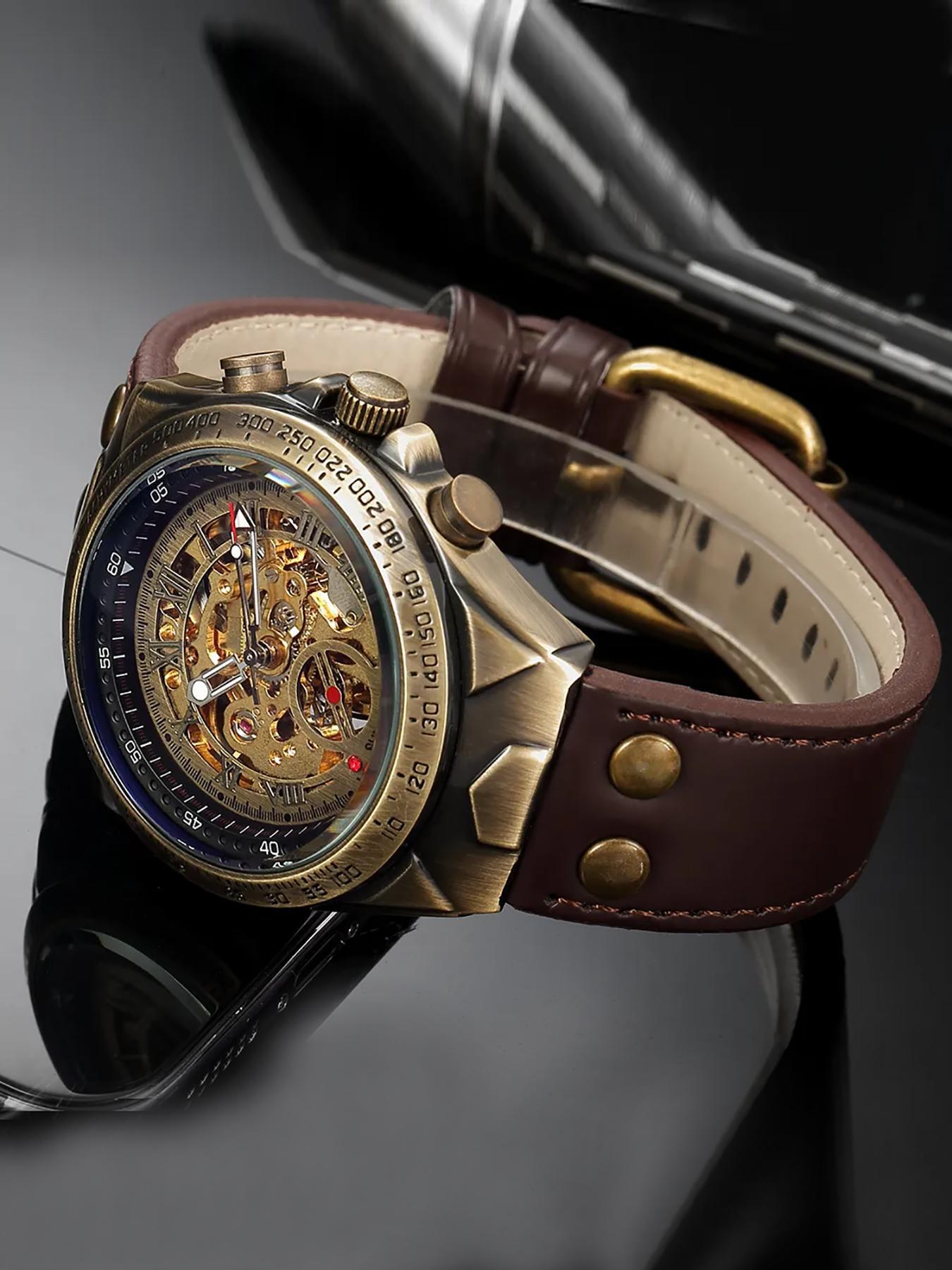 Men's Vintage Automatic Mechanical Watch, Fashionable Stylish Watch, Fashion Luminous Hands Watch for Party, Daily Clothing Decor, Watch for Birthday Gift with Box, Mechanical Style Watches detail 1