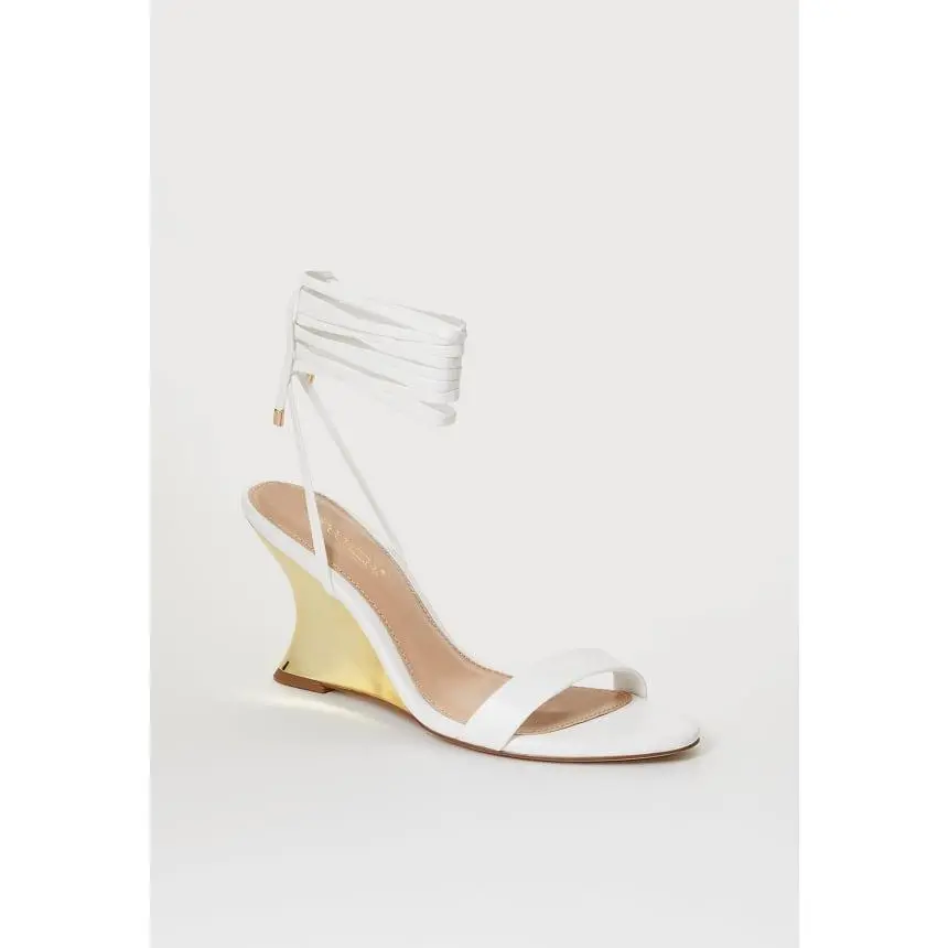 Women's Soft Faux Leather Wedge Dress Sandals - 3.25" Sculpted Metallic Heels for Women, Open Toe, Ankle Tie Laces, Wedding Party Shoe, Footwear, Classic, Wedge Heel, Vegan Leather, Open Round, Formal Events, Clear/Gold, Cruelty-Free Vegan Construction, E