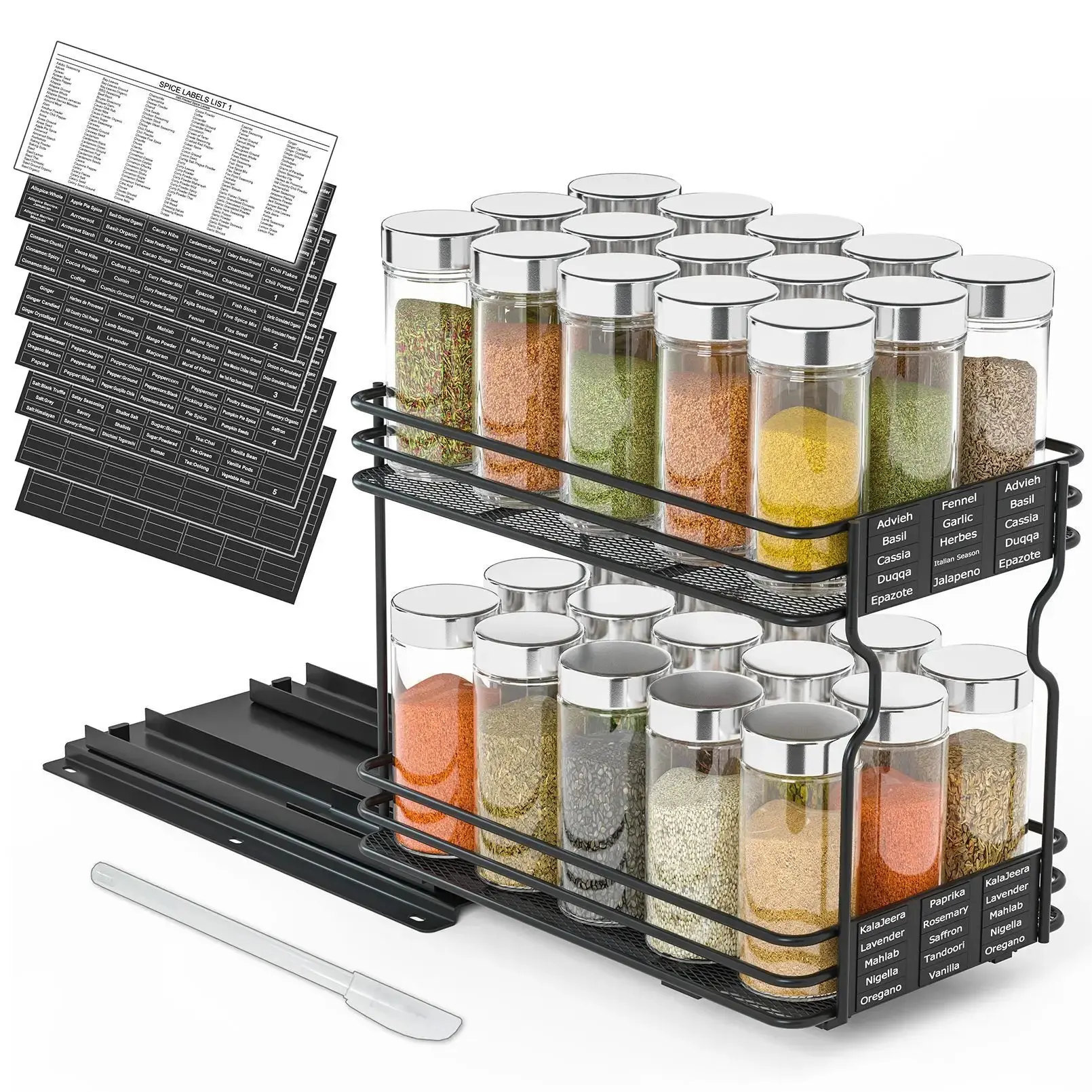 Slide Out Spice Rack Organizer for Kitchen Cabinet with Labels and Chalk Marker, 1 Drawer 2-Tier
