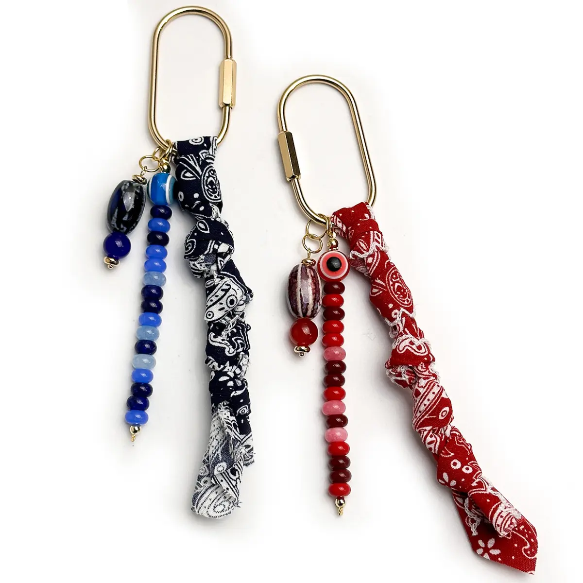 Women's Durable Boho Paisley Bandana Keychain - Fabric Knot Pendant with Evil Eye Crystal Beads, Wrist Lanyard, Brass Carabiner for Camping, Hiking, With Lanyard, Outdoor