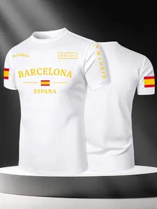 Spanish Barcelona/madrid Print Short Sleeve T-Shirt, Men's Sporty Urban Top, Casual Fitted Tee for Daily Fitness and Outdoor Activities