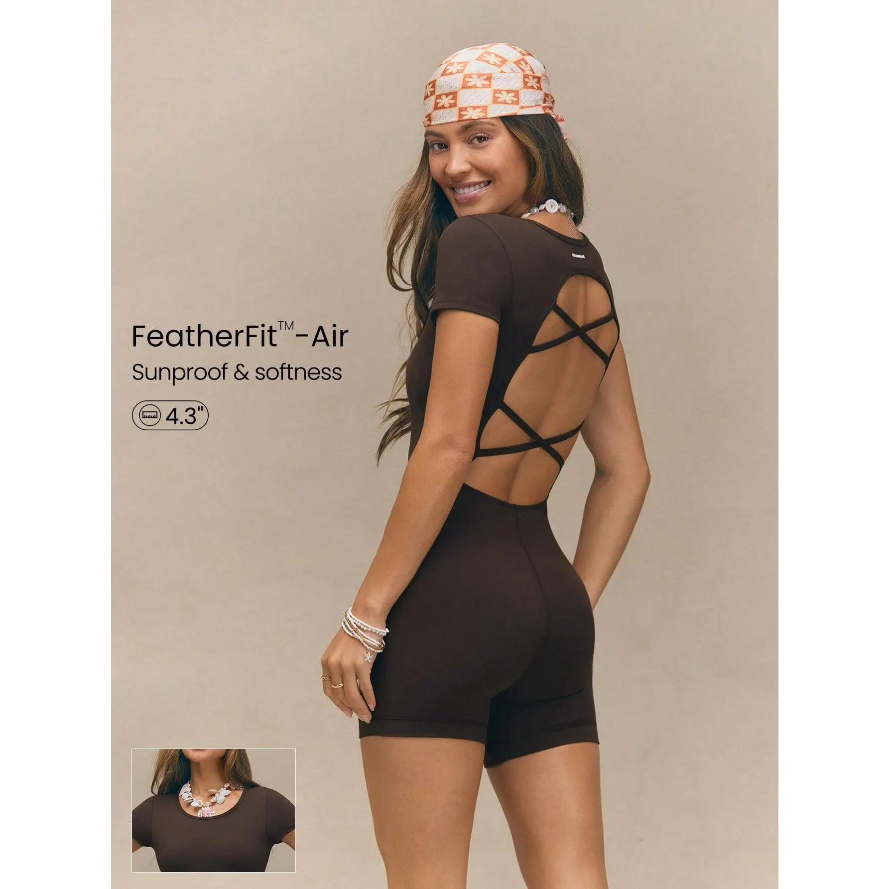 GLOWMODE 4.3" FeatherFit-Air Flow Muse Stretchy Sweat-Wicking Backless Crisscross Short Sleeve Bodysuit With Removable Cups Anti-Slip Grip Yoga Pilates