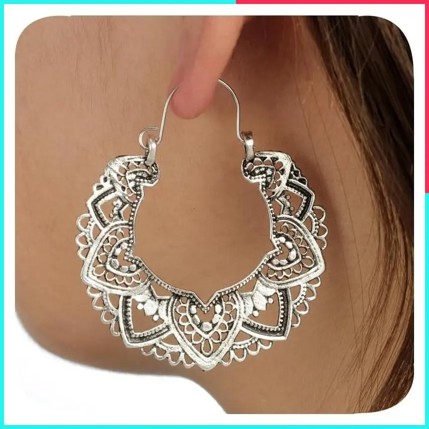 Vintage 925 Sterling Silver Filigree Hoop Earrings for Women - Bohemian Intricate Delicate Cutout Tribal Floral Design, Lightweight Statement Jewelry, Silver