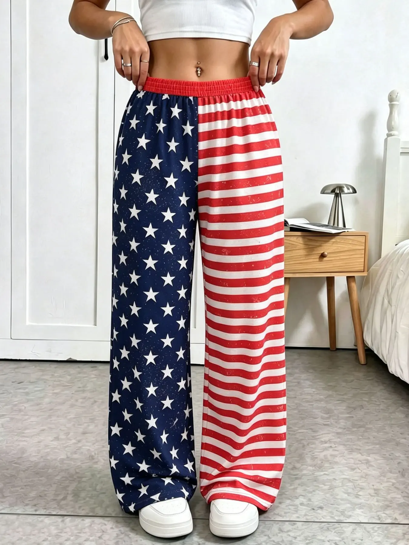 Women's Patriotic Casual Trousers For 4th Of July, Elastic Waist Loose Wide Leg Fabric Pants With Split Star And Stripe Print, Ideal For Independence Day, Summer Street Looks, Daily Wear And Vacation Outfits, Baggy
