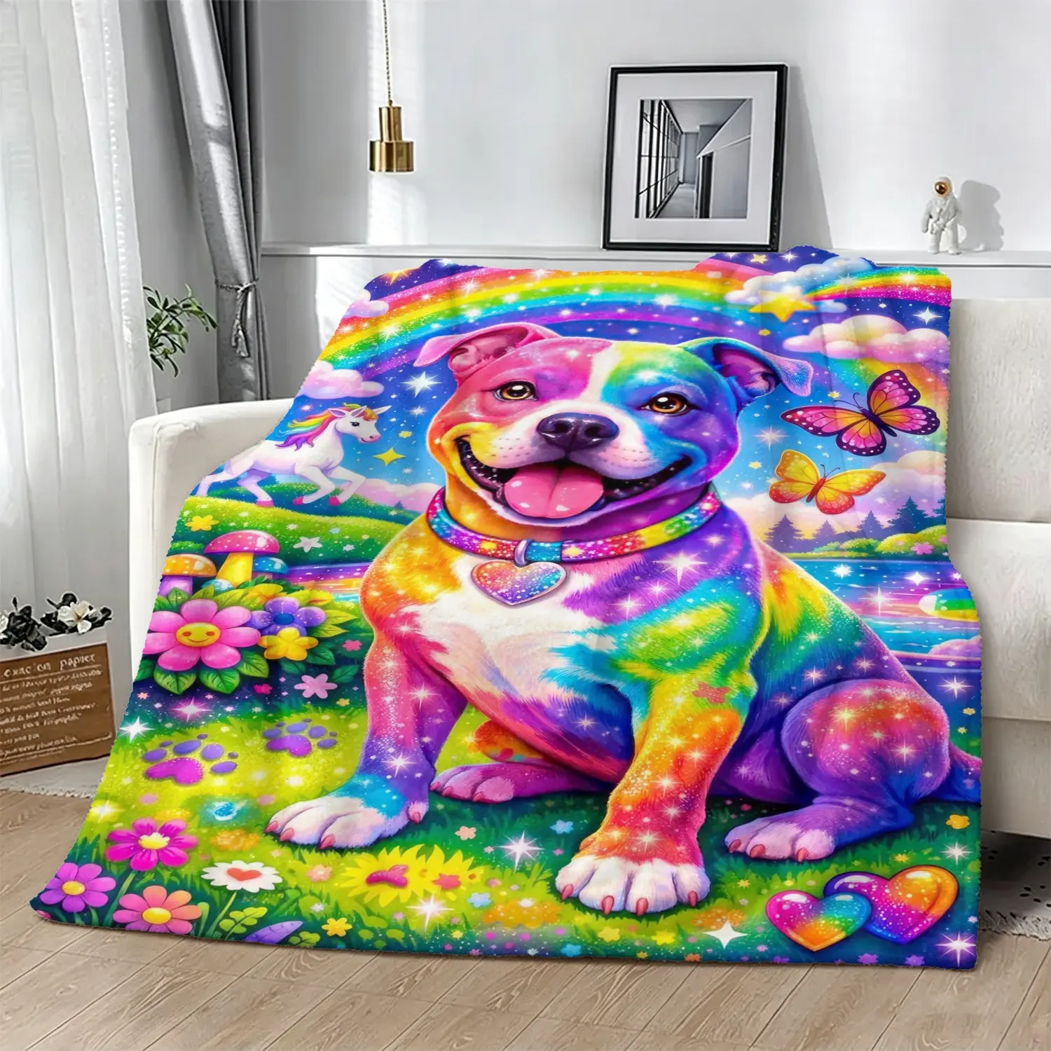 Soft Pitbull Flannel Blanket, Camping Blanket & Breathable Toddler Blanket for Family Movie Night, Outdoor Picnic, Y2K Rainbow Fantasy Themed Party, Gift for Kids Who Love Colorful Dog Cartoon Prints
