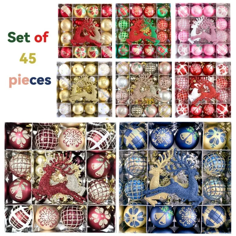 45Pcs Set Christmas Tree Ornaments Baubles Hanging Decorations Classic Traditional Luxury Glam Aesthetic Shatterproof Painted Glittery Gold Red Green Pink Reindeer Snowflake Star Home Holiday Party Decor Christmas