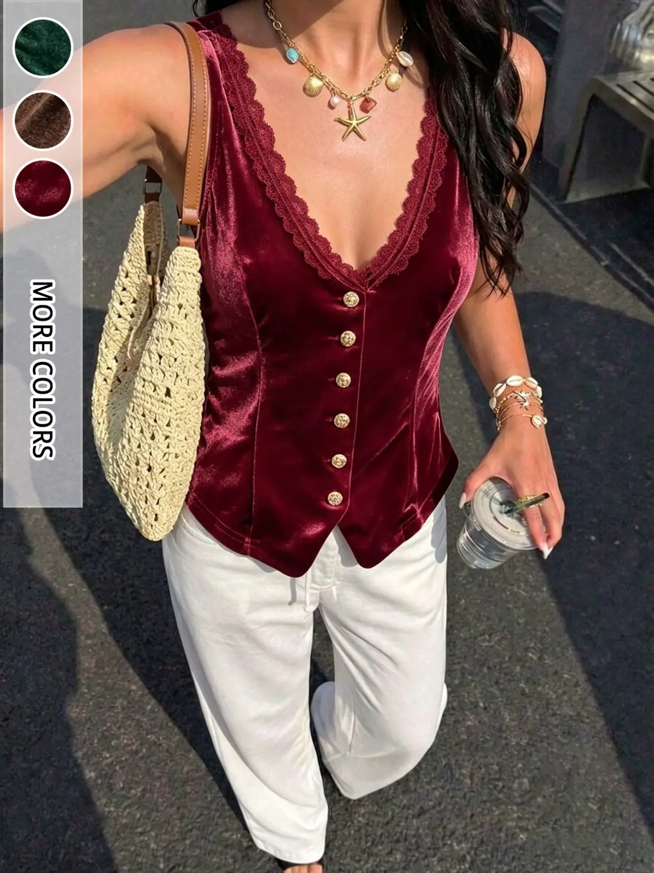 New Fall Winter French Vintage Wine Velvet Sleeveless Vest, Lace Trim Deep V Neck, Metal Button Waist Cinch, Elegant Outerwear for Women
