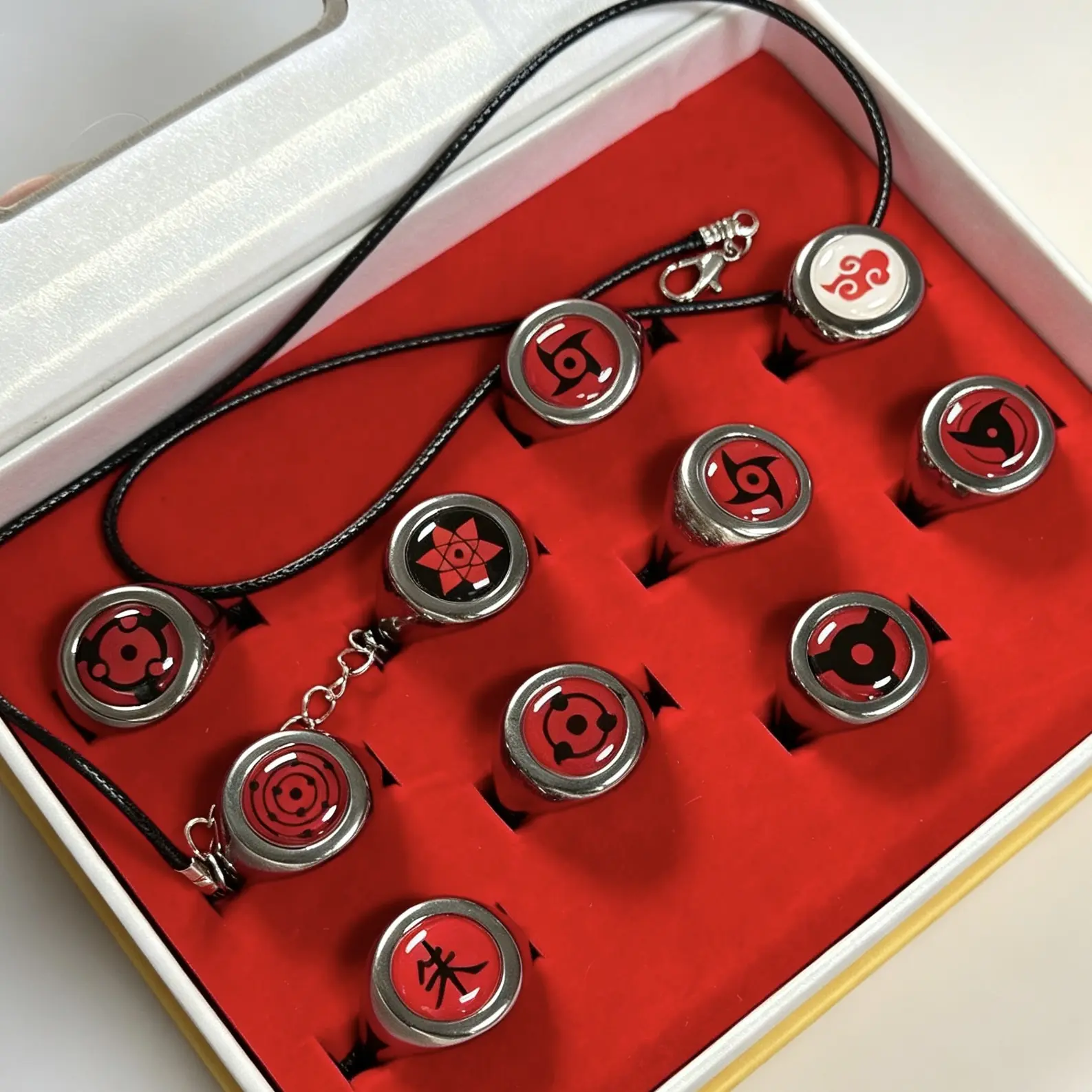 Anime Character Symbols Akatsuki Rings Set (10Pcs), Adjustable Size Zinc Alloy Cosplay Wear Accessories with Gift Box & Metal Chain, Unisex Collection Jewelry Gift for Anime Fans