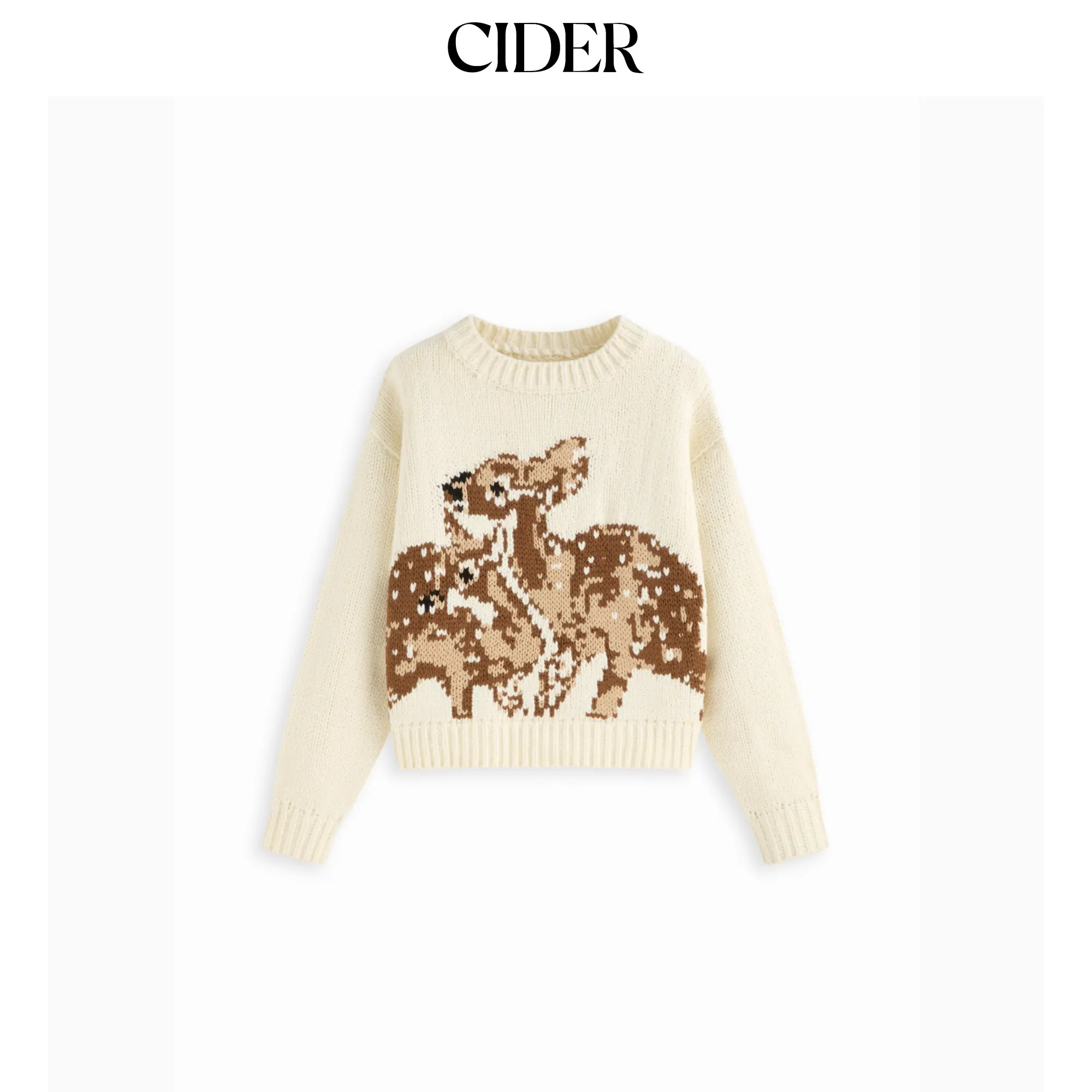 Cider Knit Deer Pattern Round Neckline Long Sleeve Oversized Top SummerFinds