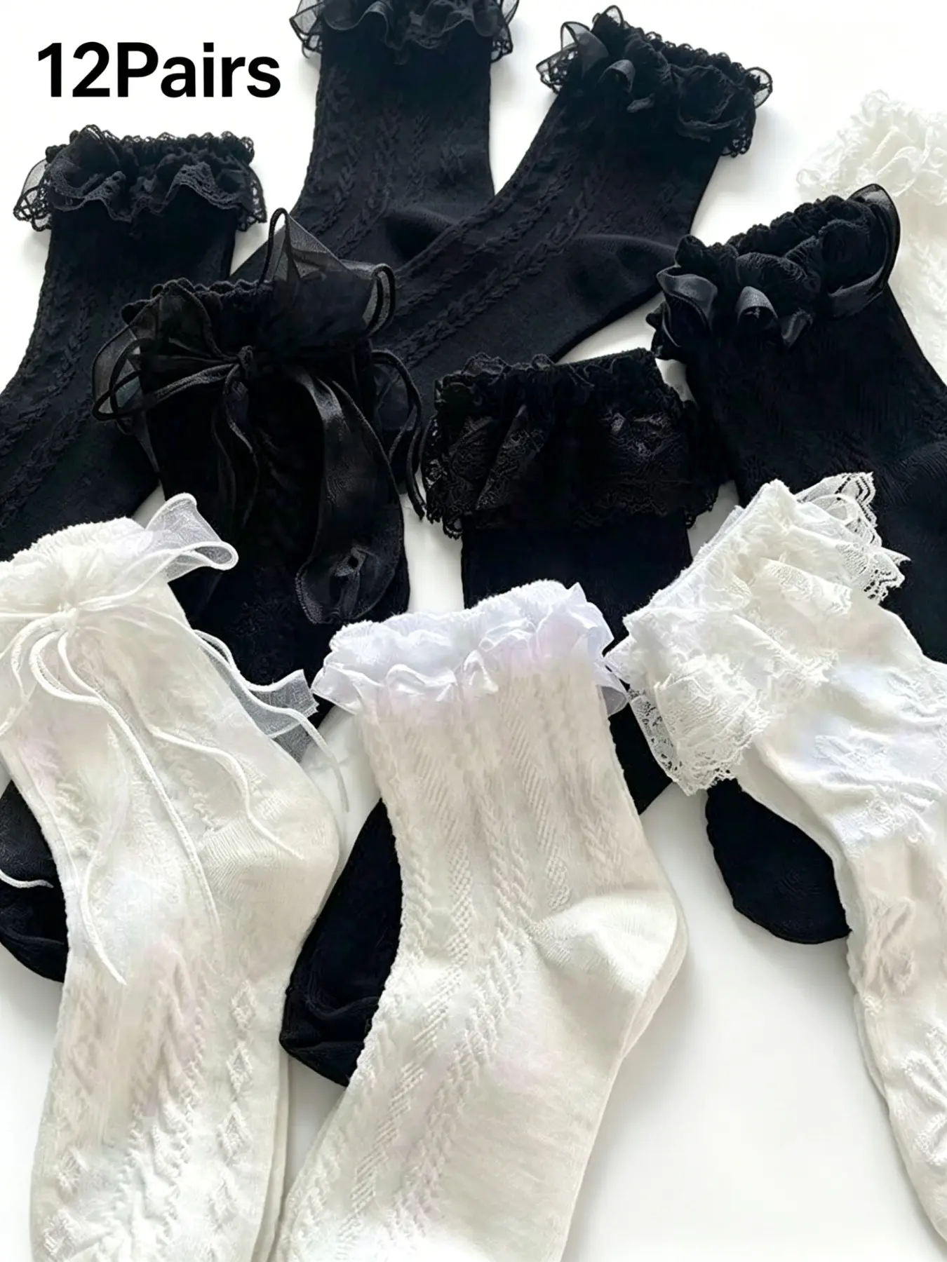 12 Pairs Women's Lace Ruffle Crew Socks, Frilly Bow Socks, Breathable Cotton Cute Sweet Mid Calf Socks for Everyday Wear