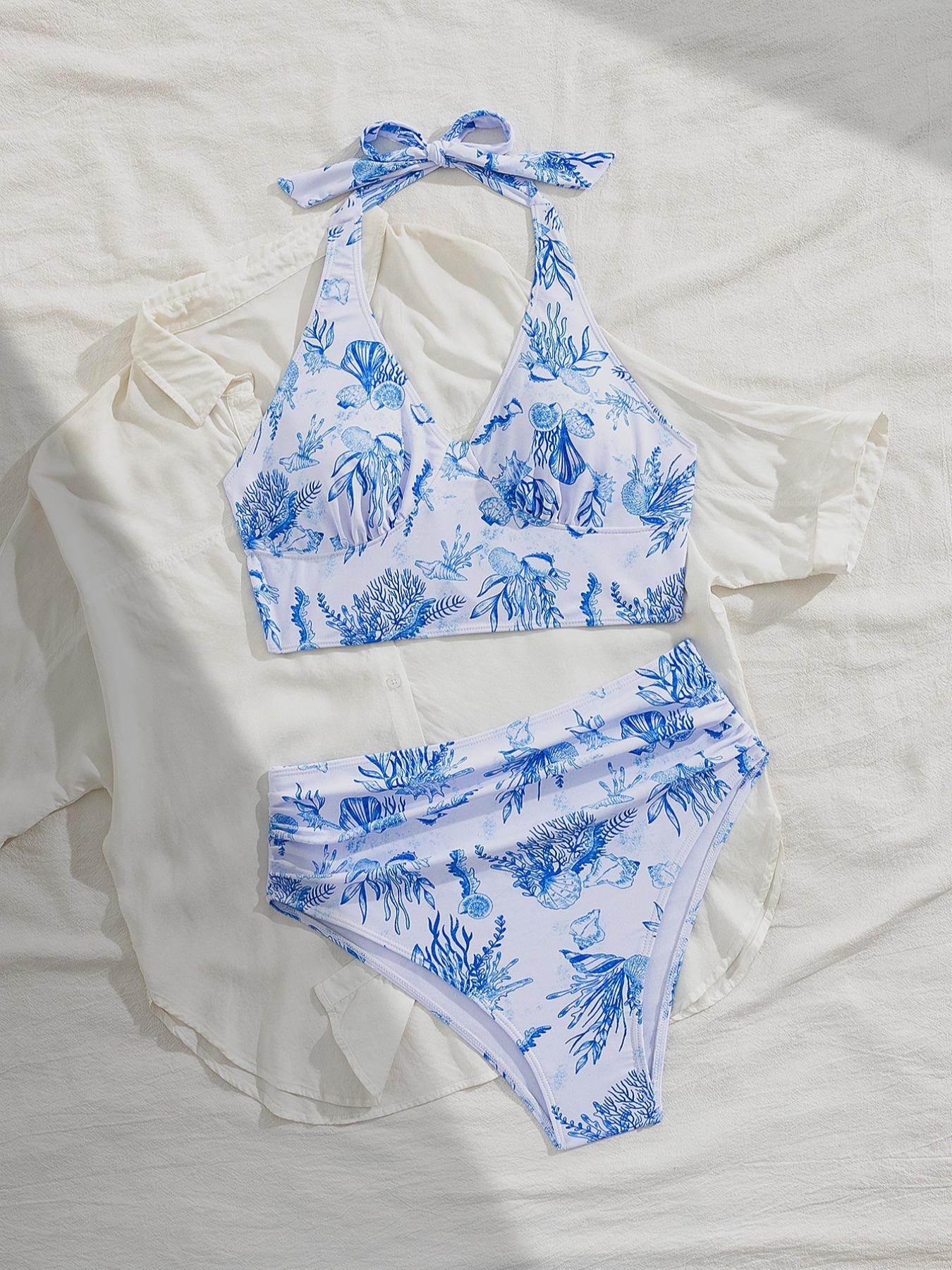 Two-piece Set Women's Butterfly & Floral Print Lace Up Bikinis Set, Casual Halter Neck Backless Swim Top & High Waist Swim Panty, Ladies Summer Swimwear for Beach, Swimsuits Women, Swimsuit Style, High Waisted Swimsuit, Bikini Sets