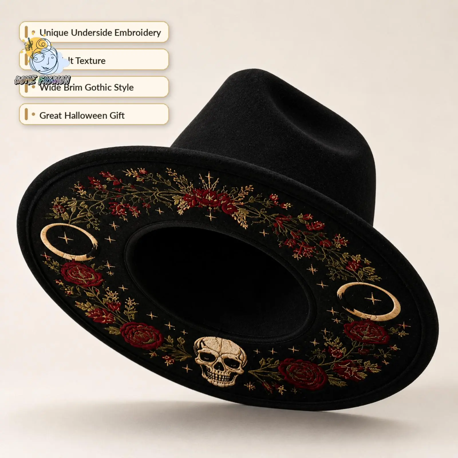 Unisex Polyester Adults' Halloween Panama Hat - Skull Rose Felt Fedora Hat, Wide Brim Jazz Cap for Festive Party Use