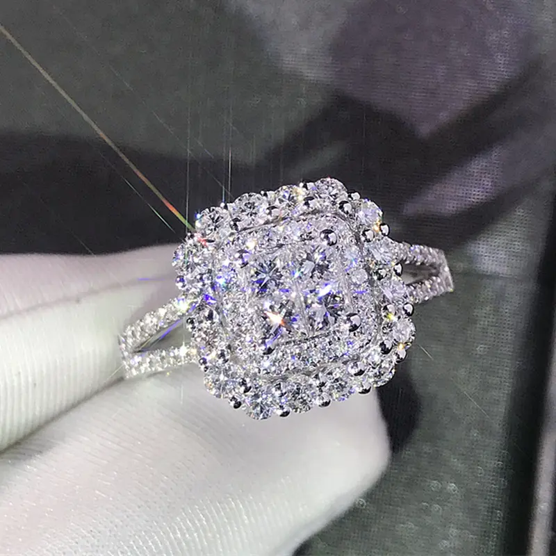 Women's 1PC Geometric Double Halo Micro-Pave Cubic Zirconia Engagement Ring - Iced Out Double Split Shank Square Cluster Promise Band, Luxury Bridal Jewelry for Proposal, Women's Fashion, Elegant Rhinestone Ring, Artificial Gemstone Ring