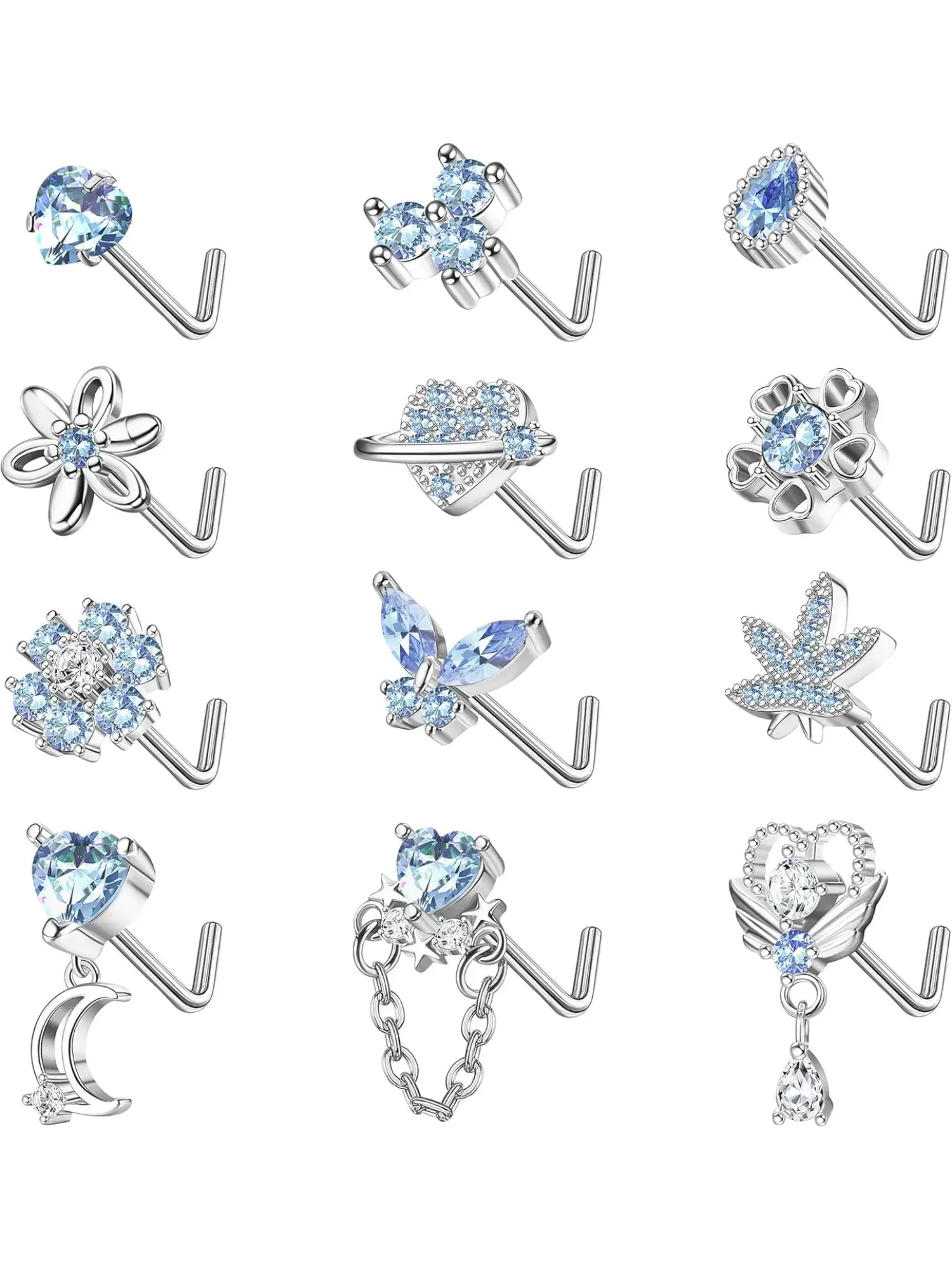 12Pcs 20G Nose Studs for Women L Shaped Corkscrew Dangle Nose Studs Rings Stainless Steel Nose Piercing Jewellery CZ Heart Moon Butterfly Nose Rings Studs for Women Men