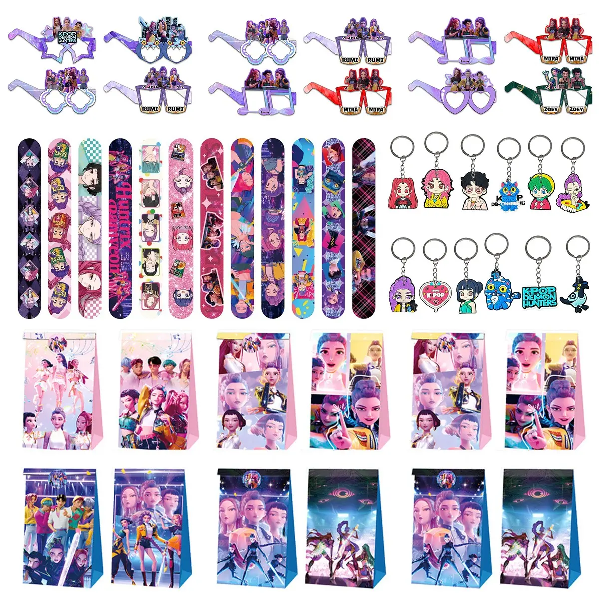 4 Korean cartoon girl group party gifts, perfect for party favors, including 12 cartoon glasses, 12 wristbands, 12 keychains, and 12 gift bags. The best choice for parties, so everyone gets their own special gift