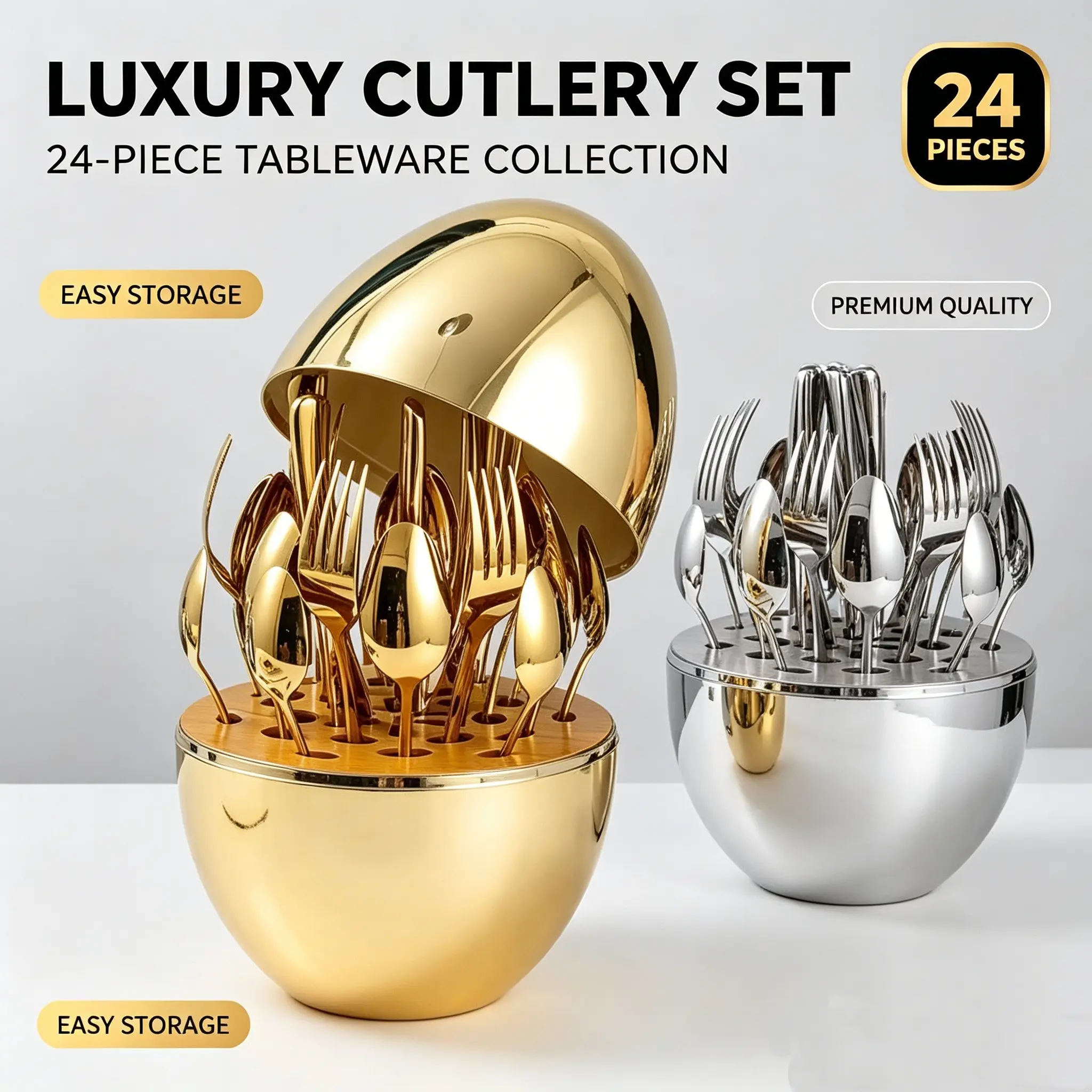 Luxury 24-Piece Stainless Steel Cutlery Set, Eggshell Storage Box, Tableware Sets, Fork Spoon Knife Set, Home Western Dining Table Decor Gift Box