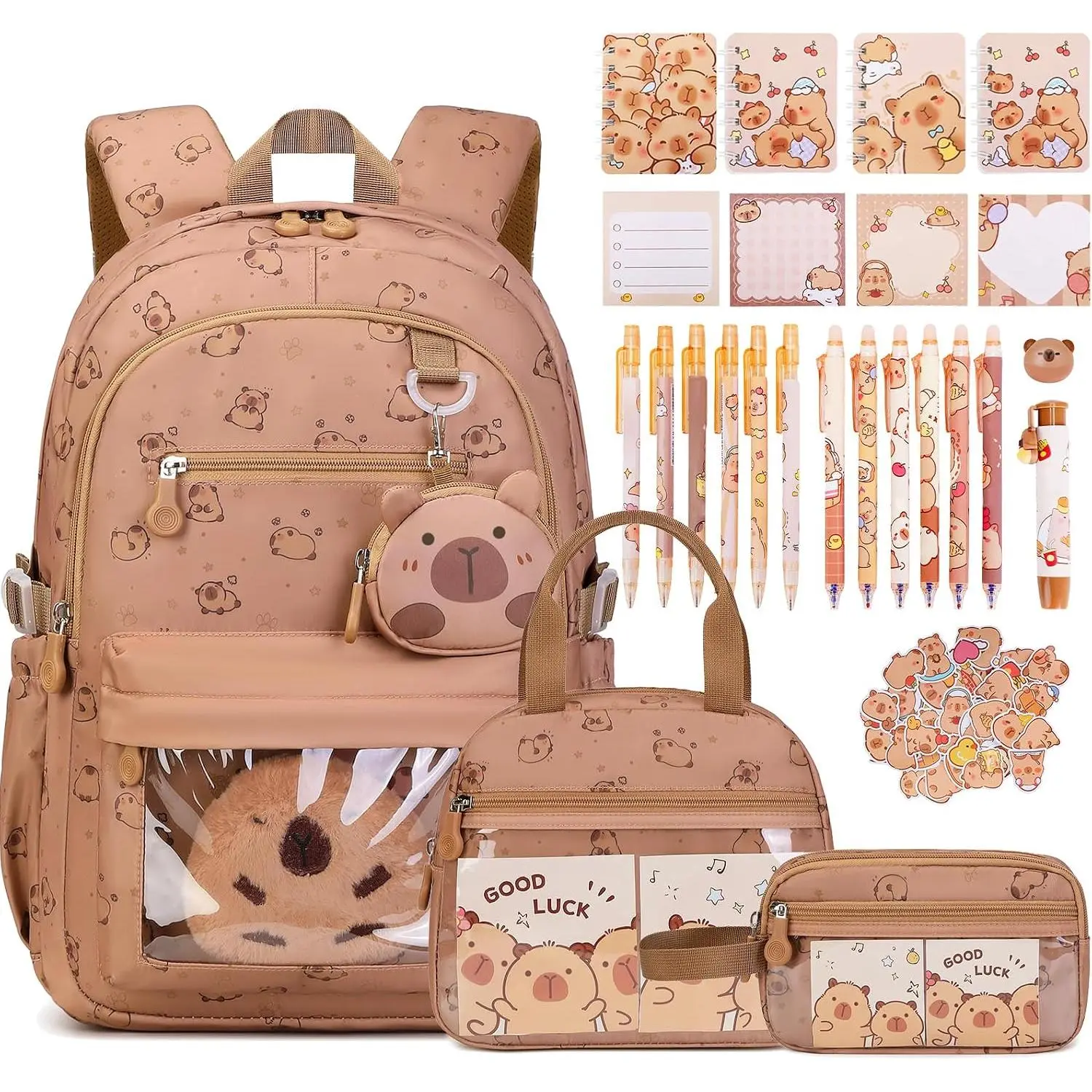 Capybara Theme Backpack for School Girls, 35 count  Backpack Set with School Supplies Stationery Kit Lunch Box Pencil Case, Cute Girls Bookbag for  Elementary Student