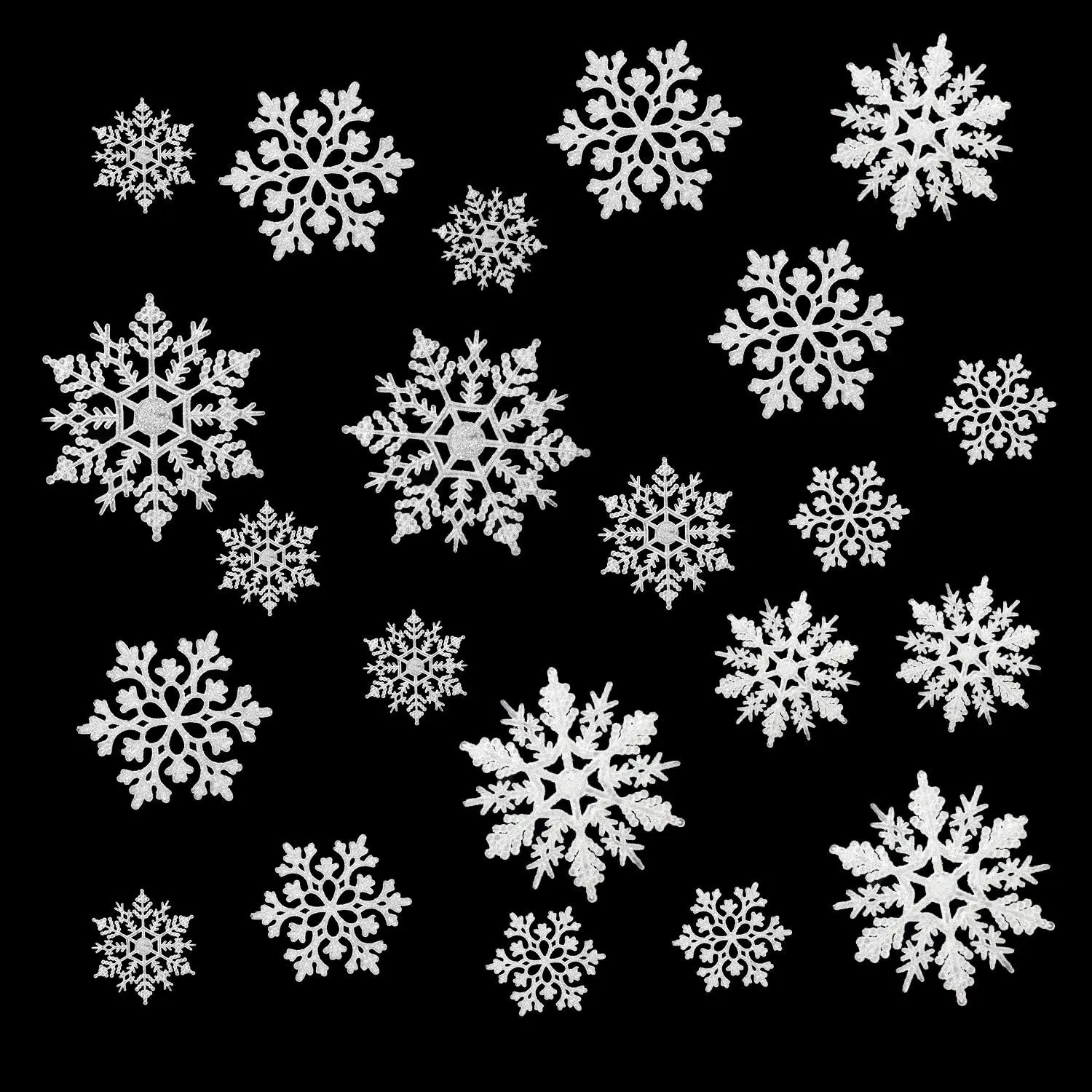 50 count Plastic Snowflake Ornaments Glitter Christmas Snowflakes  DIY Craft for Winter Party Christmas Tree Decorations, Sizes (White Glitter, 1.7, 3, 4 Inches)