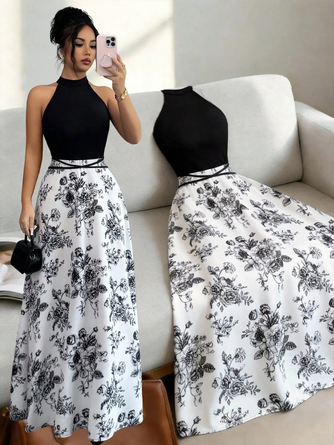 Women's Summer New French Patchwork Sleeveless Dress, Unique Design Floral Print Backless Colorblock Slim Waist Dress, Elegance, Chic, Fashionable and Stylish, Elegant Summer Dress