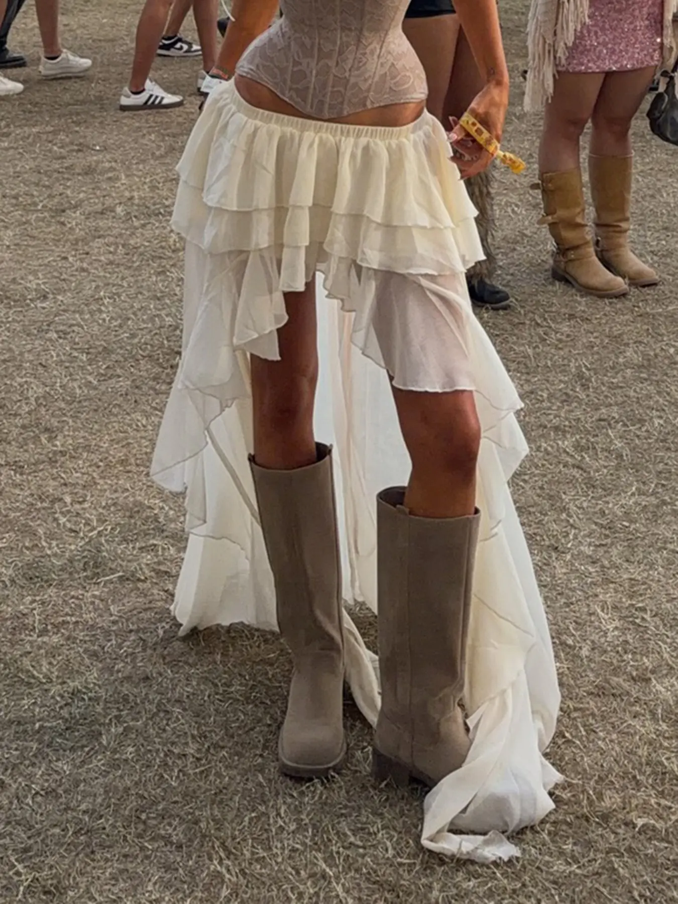 Summer Vacation Elegant Style Layered Ruffle Loose Lightweight Chiffon Skirt for Women Bottoms, High Waist Long Skirt with Matching Shorts, Festival Chic Fashion, Flowy Tiered Skirt