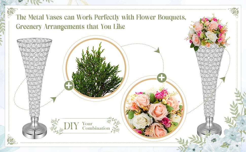 Rtteri 4 Pcs Crystal Trumpet Flower Vase 20 Inch Tall Wrought Iron Crystal Vase Flower Stand Centerpieces Wedding Table Vases Decor for Home Anniversary Ceremony Party Event Christmas (Silver)