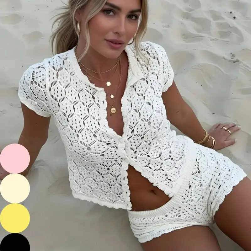 Women's Casual Summer Two-Piece Set, Breathable Knitted Sweater Top and Shorts Beachwear, Holiday Clothing, Ladies' Fashion Outfit Ensemble Slim, Basic, Matching