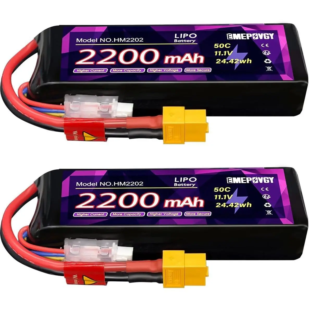 11.1V 3S 2200mAh 50C Lipo Battery Pack 2 Packs with XT60 Plug for FPV Drone Quadcopter RC Airplane Aircraft