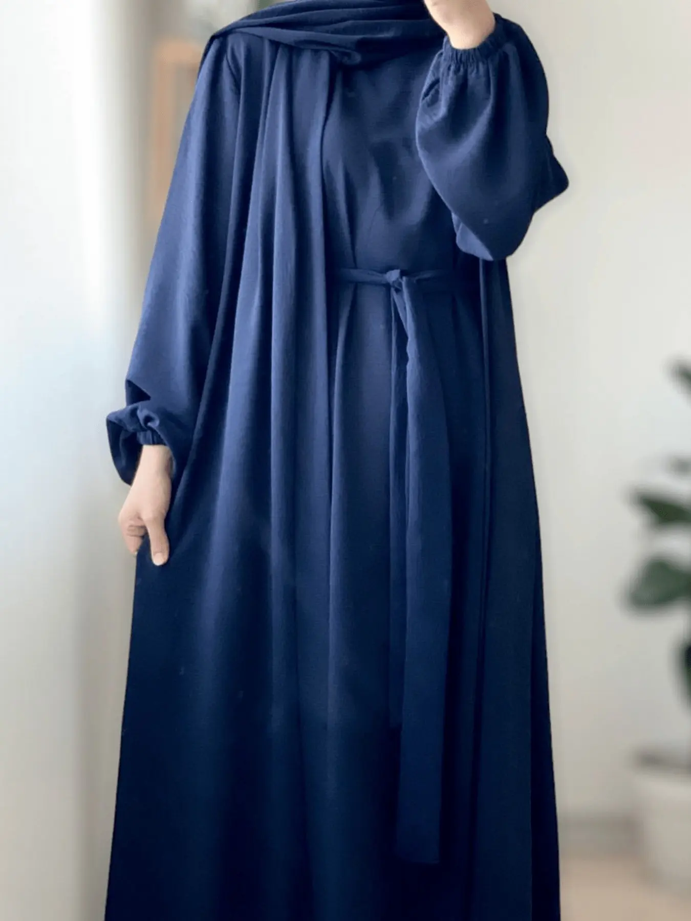 Hafizah Waist Cinch Tie-In Long Dress + Lantern Sleeve Long Cardigan Two-Piece Set, Modest Loose-Fit Plain Design, All-Season Office Wear