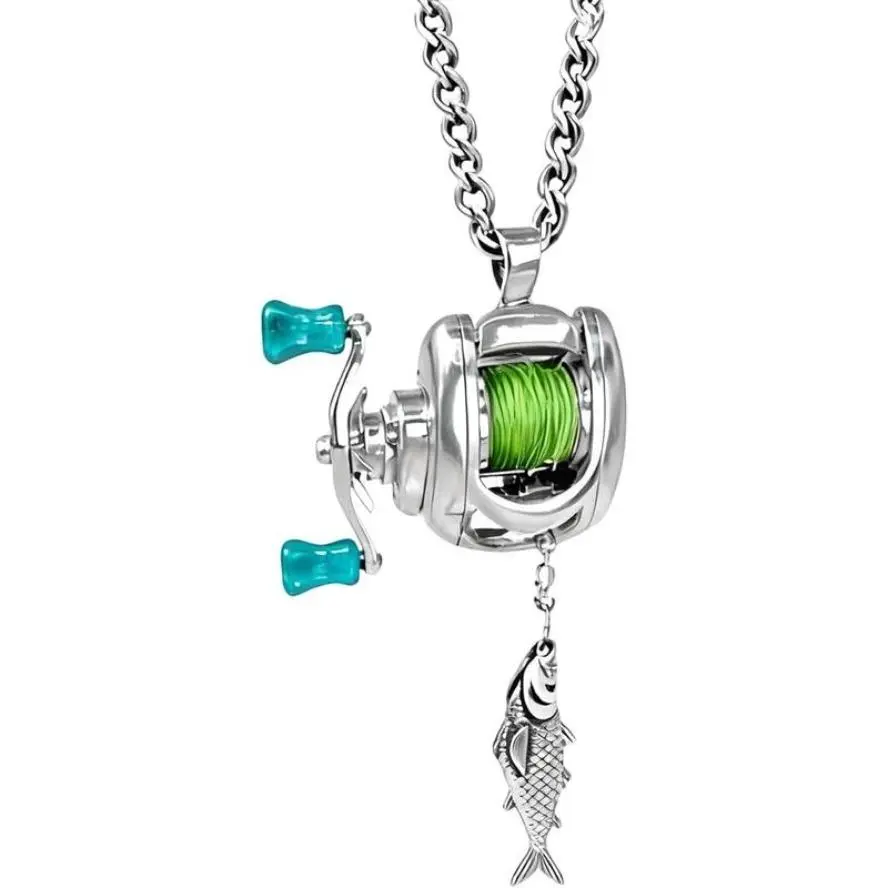 Rotating Mini Fishing Reel Necklace - Decorative Pendant with Functional Moving Line Guide, Playful Motion Precision Mechanism, Unique Gift for Fishermen