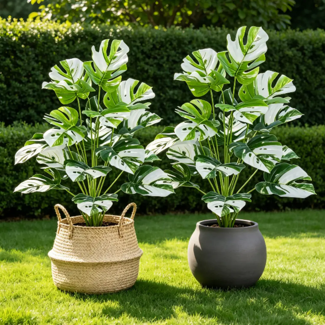 2-Pack 28in Variegated Monstera Large High-Quality Elegant Leaf Design Artificial Albino Monstera Set, Faux Monstera Albo Variegata Tropical Palm for Home & Office Decor, Low Maintenance, All Seasons, Durable Plant
