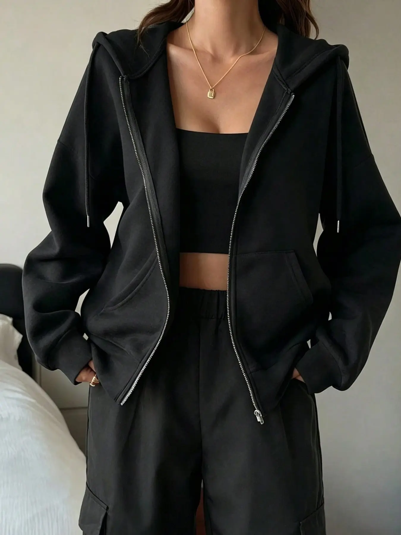 Women Solid Black Oversized Hooded Full Zip Sweatshirt Jacket, Korean Cleanfit Matte Heavy French Terry Relaxed Drop Shoulder Hoodie, Minimal Basic Elastic Cuff Kangaroo Pocket Casual Layering Outerwear #blackbasicziphoodie #cleanfitloosejacket #tiktokmad