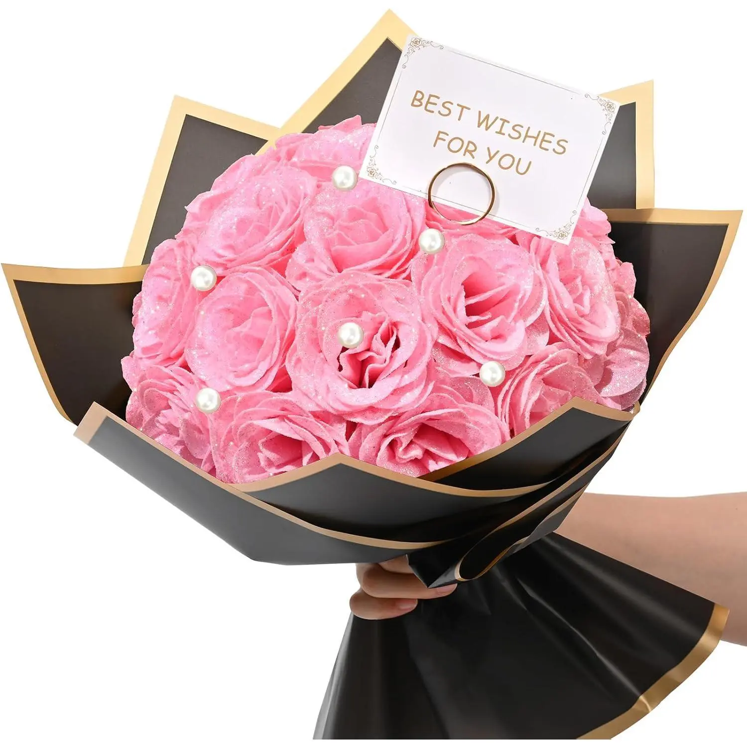 Pink Glitter Roses Bouquet, DIY Fake Flowers Bouquet, Artificial Rose Bouquet for Valentines, Anniversary, Engagement, Wedding, 24 Roses