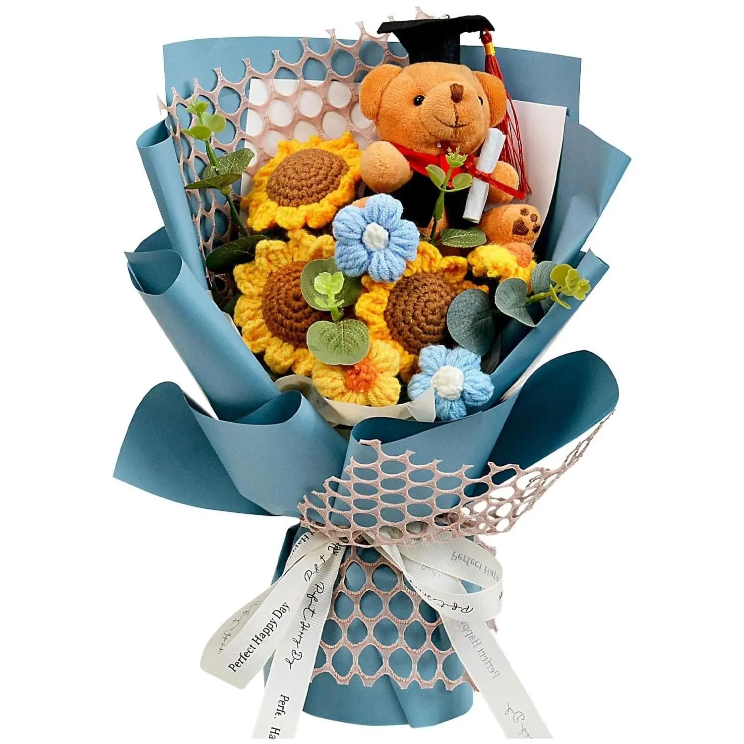 Blue Handmade Knitted Flower Bouquet, Sunflower Rose Bear Gift Set with Card, Graduation Birthday Teacher Thanksgiving Christmas Decor