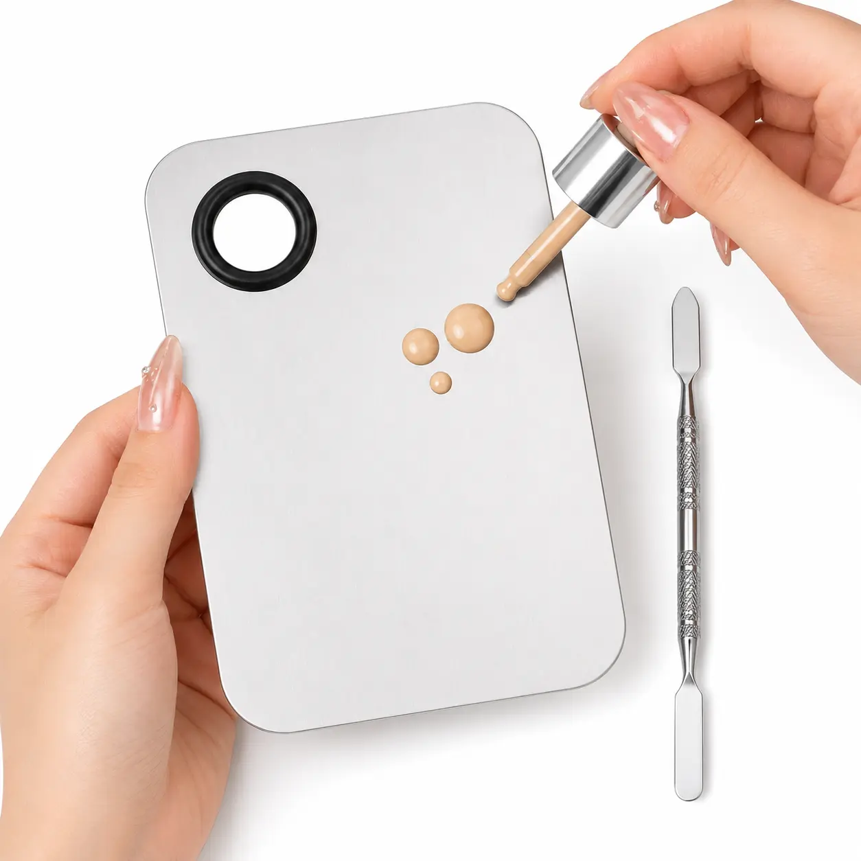 2-Piece Professional Makeup Foundation Mixing Palette Set, Stainless Steel Cosmetic Palette Tray with Mixing Stick, Portable Concealer Blending Tool for Women, Makeup Accessories Beauty Care Tool Daily