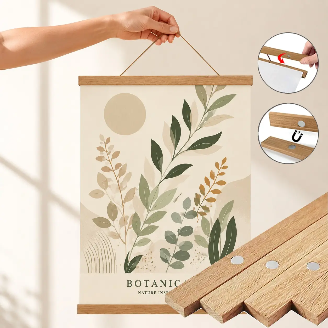 1pc Wooden Magnetic Poster Hanger Frame - Sturdy, Durable, and Lightweight Real Wood Frame for Vertical Artwork and Photos Display - Easy to Hang, Adjustable, and Space-Saving Design, Wooden Picture Frames