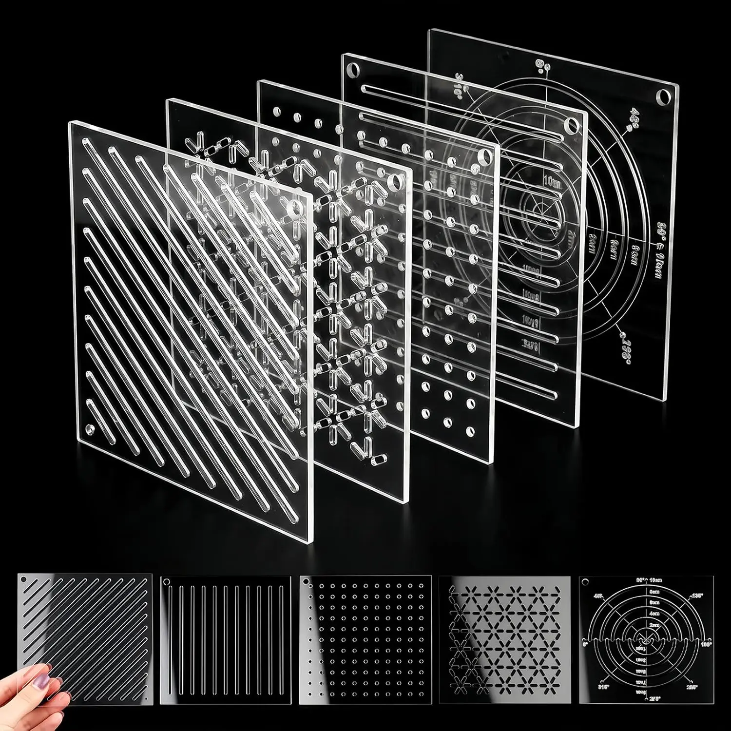 Women's Bra Accessories 5-Pcs 2.5mm Thick Acrylic Sashiko Drawing Stencils, 4.7x4.7in Embroidery Templates with Dots, Lines, Arcs, Dynamic Slashes, Cross Patterns, Easy-Clean Quilting Stencils for Hand Sewing Craft (Endless Creative Possibilities), 4.7 X,