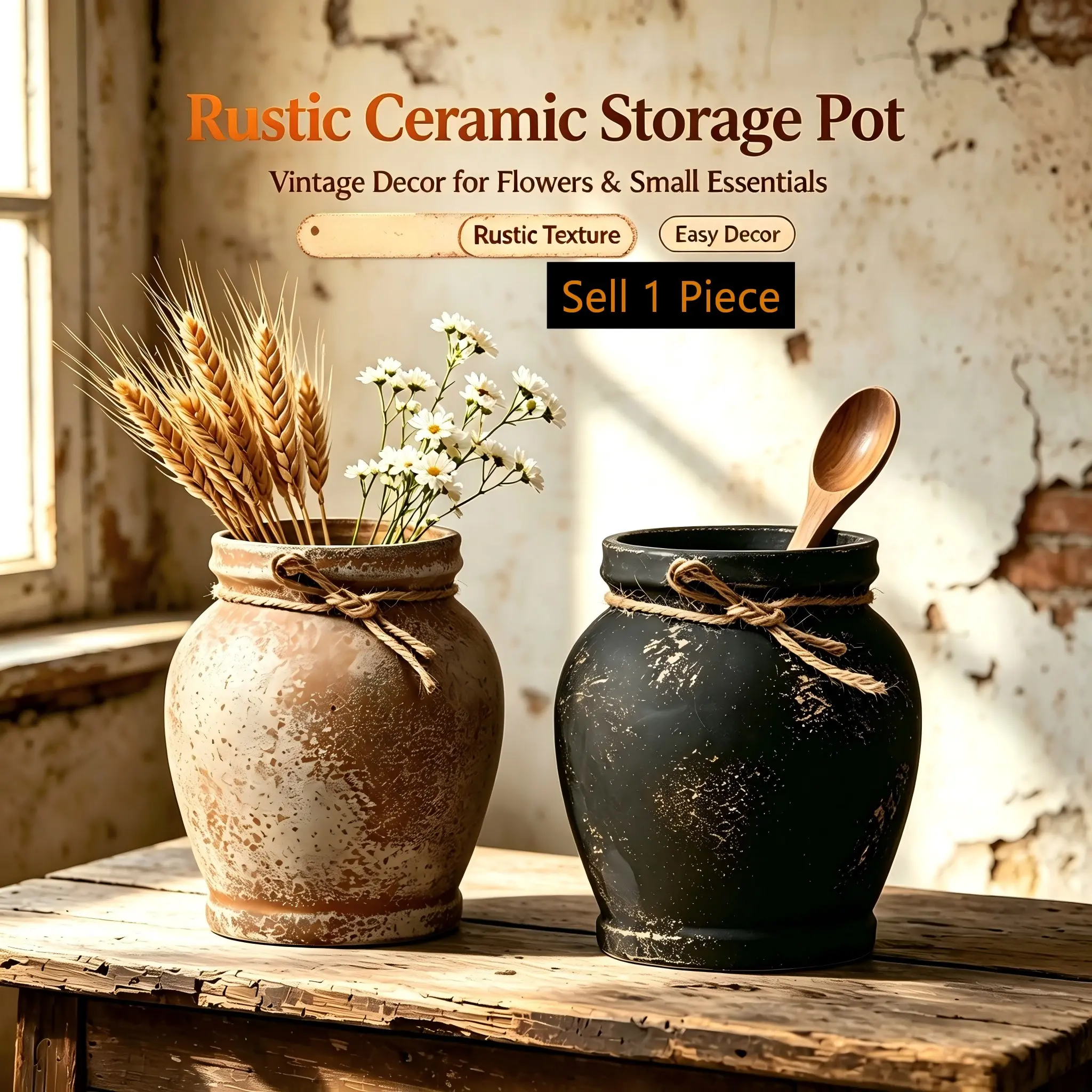 Vintage Ceramic Vase, Rustic Country Style Bulb Storage Jar, Rough Sandy Texture Body with Knot Detail, Ideal for Farmhouse Home Decor, Ceramic Vases for Home Decor